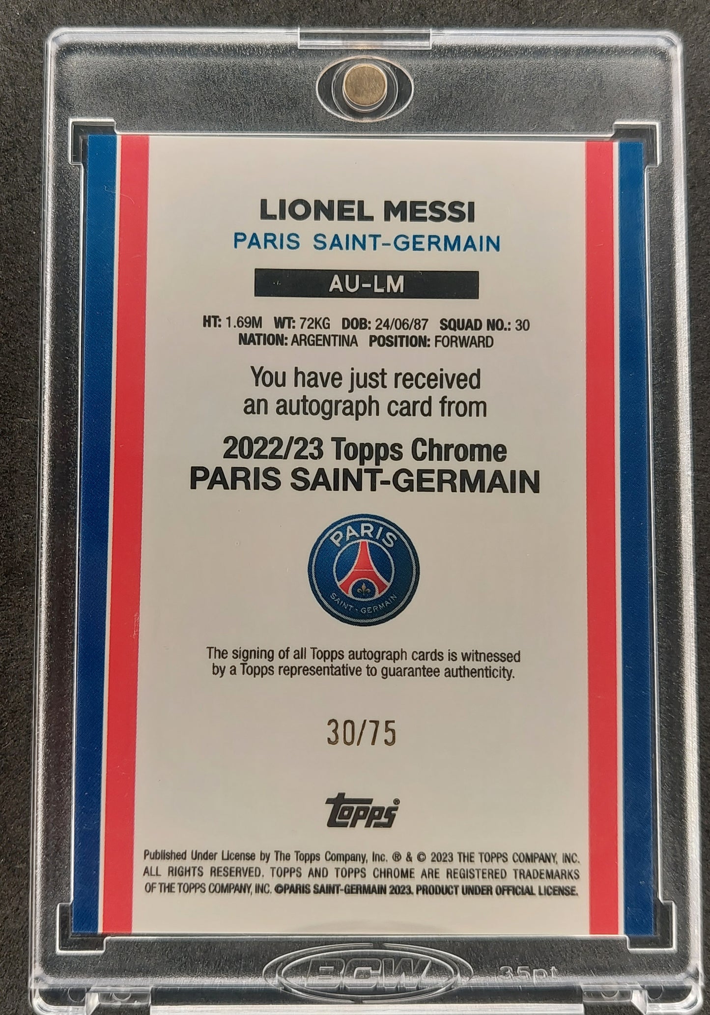 2022-23 Topps Chrome PSG Lionel Messi Refractor ON Card Auto 30/75