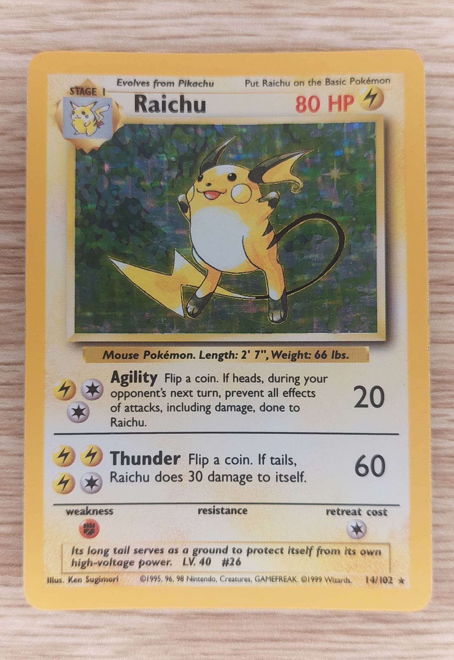 Raichu 14/102 - Base Set Unlimited - WOTC Holo Rare Pokemon Card MP