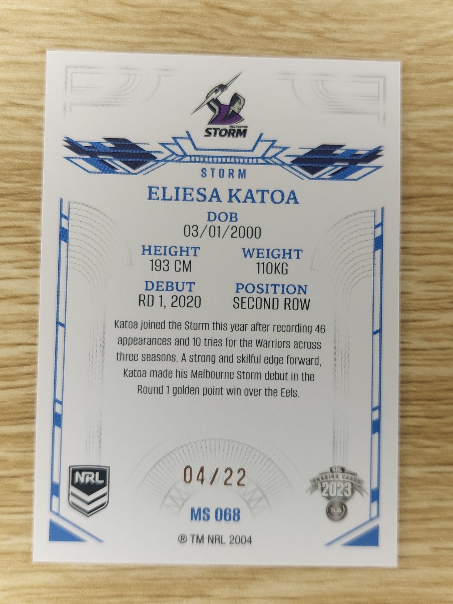 2023 NRL ELITE Mojo Sapphire MS 068 Eliesa Katoa Storm 04/22
