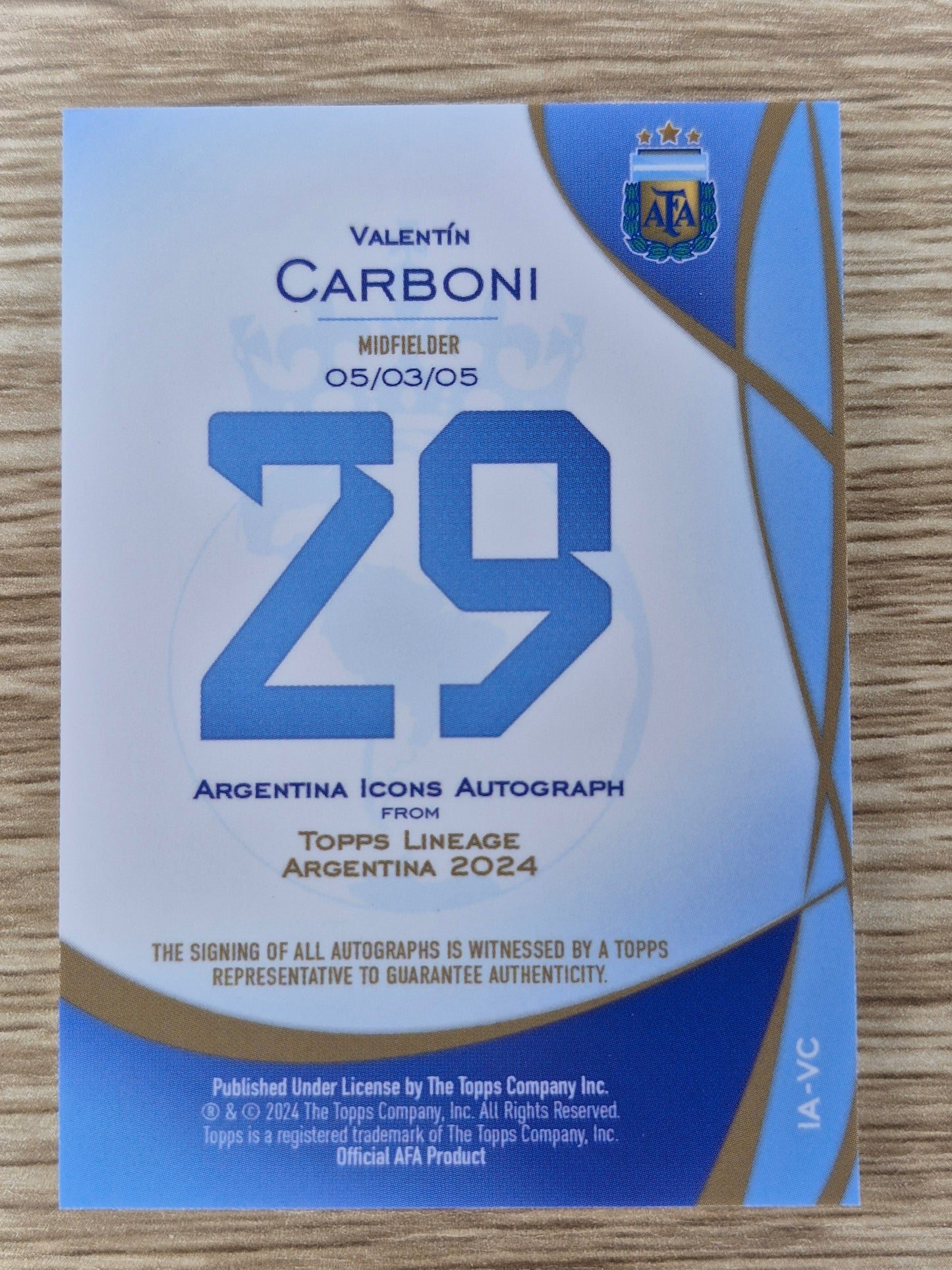 2024 Topps Argentina Lineage IA-VC Valentin Carboni Icons National Debut Auto