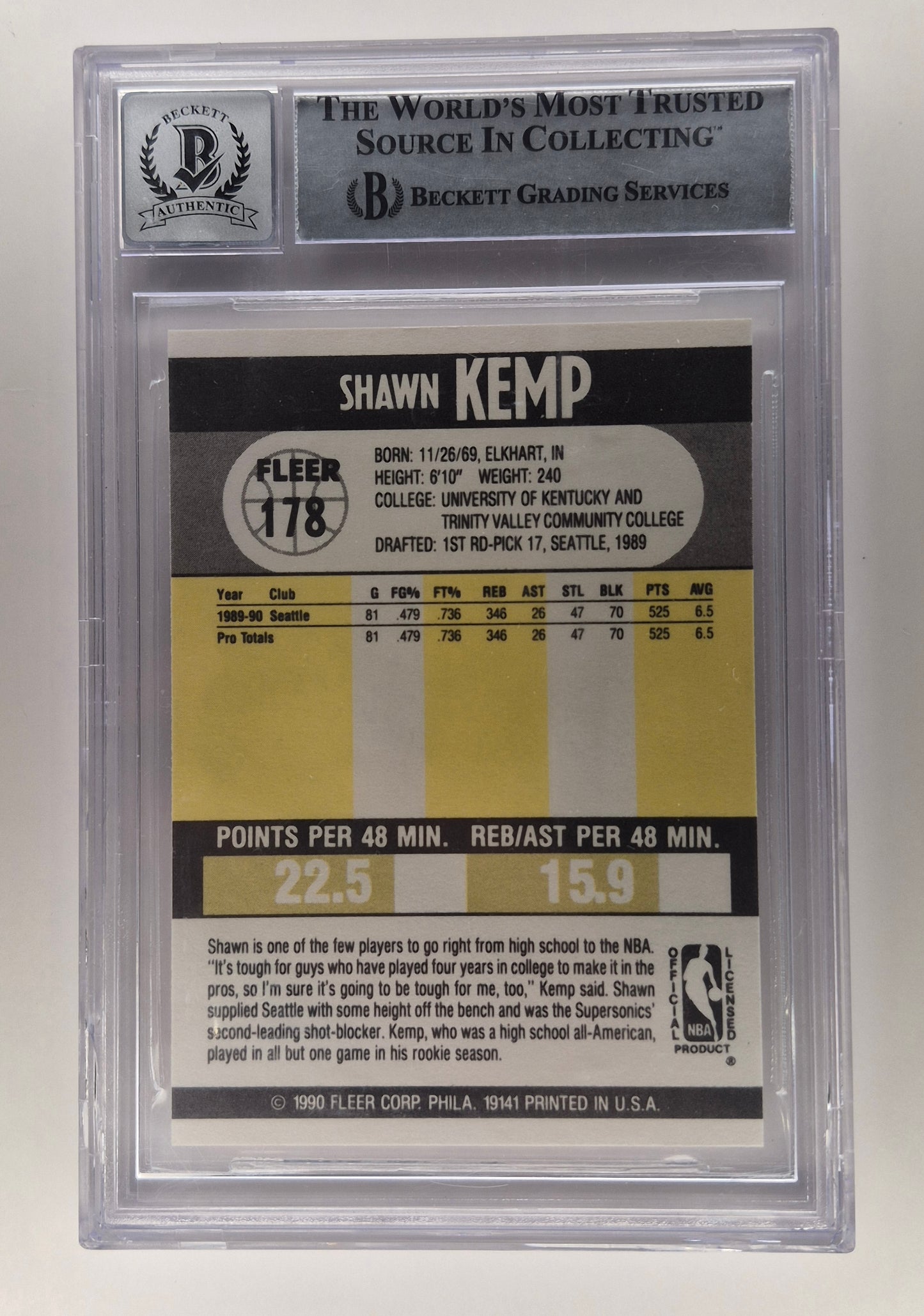 SHAWN KEMP Signed 1990 Fleer RC Card Beckett GEM MINT 10 Auto Seattle Sonics