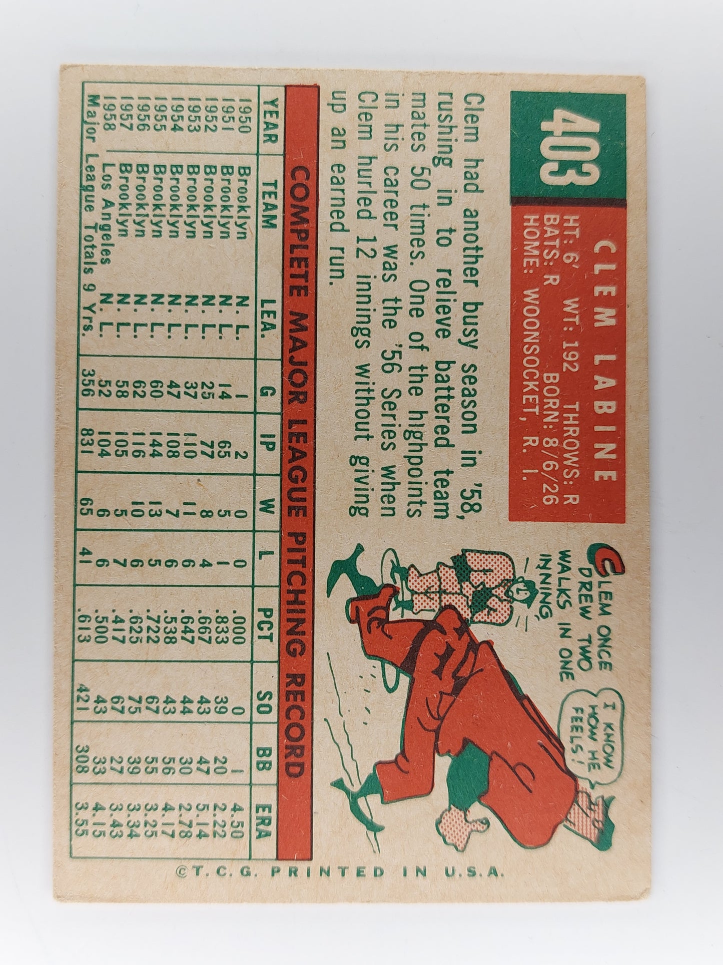 1959 Topps Clem Labine #403 Los Angeles Dodgers Good Condition