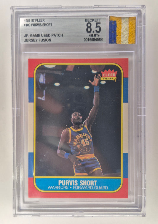 1986-87 Fleer #100 Purvis Short - Golden State Warriors JF Game Used 3 color patch Beckett 8.5