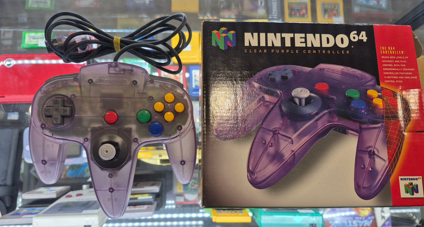 Nintendo N64 Clear Purple Controller In Box,Tested,+ insert Box in Excellent Condition