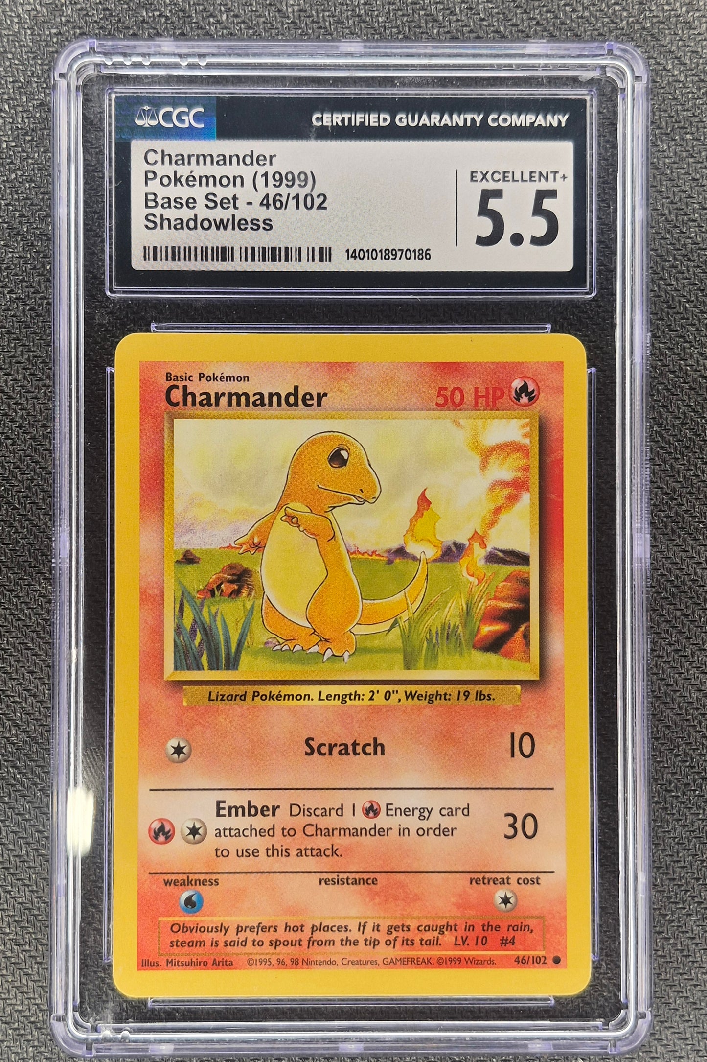 1999 Pokemon Base Set Charmander 46/102 CGC 5.5(Miss Graded Shadowless)