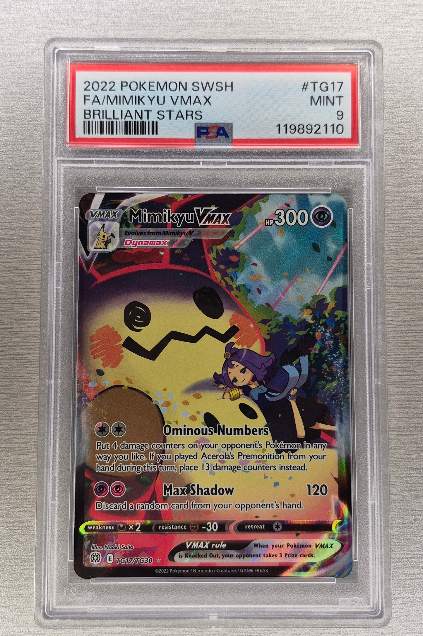 2022 Pokémon Brilliant Stars TG17/TG30 Mimikyu Vmax Full Art PSA 9