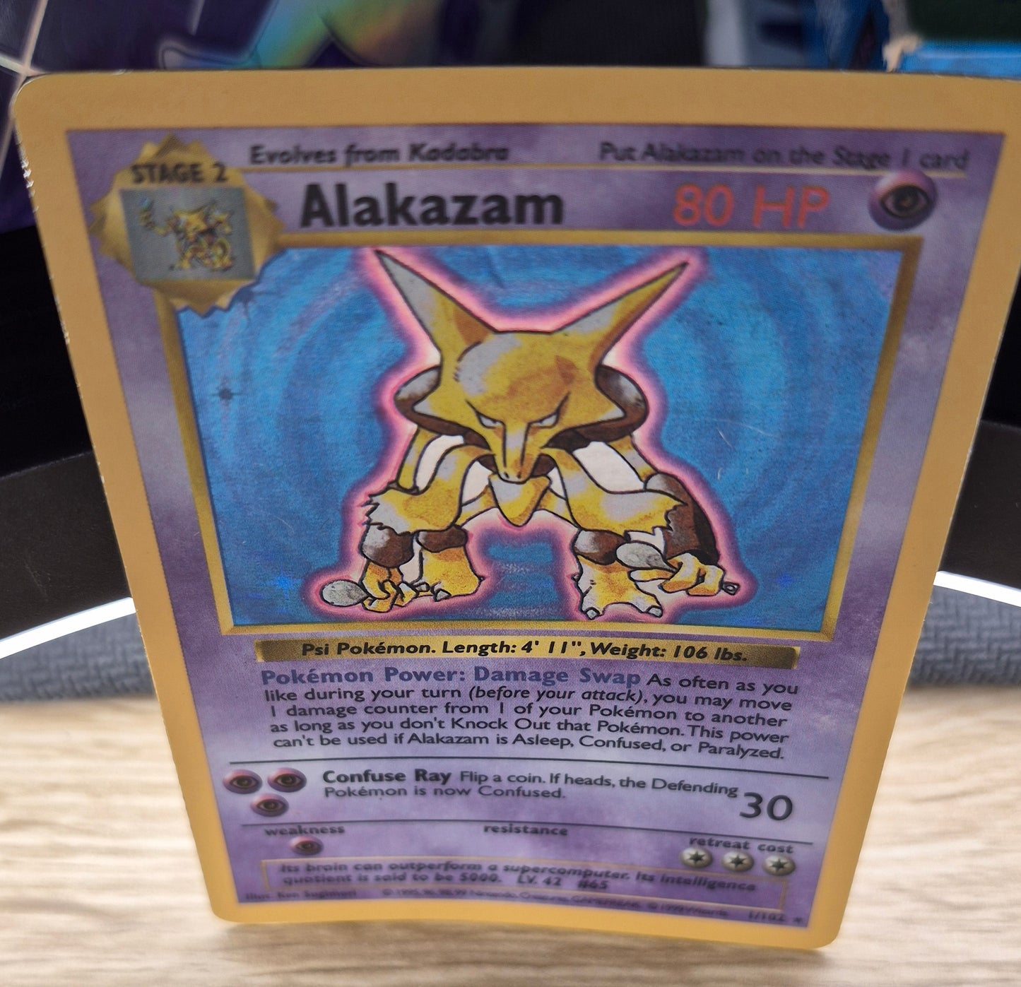 Pokemon 1999 Alakazam Base Set Shadowless Holo Rare 1/102 LP