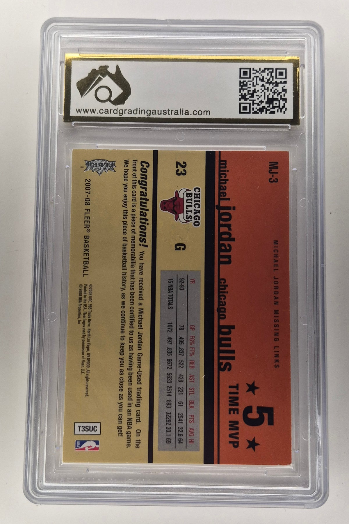 2008 Upper Deck Fleer NBA Michael Jordan Game Used Patch MJ-3 CGA 7.5 NM+