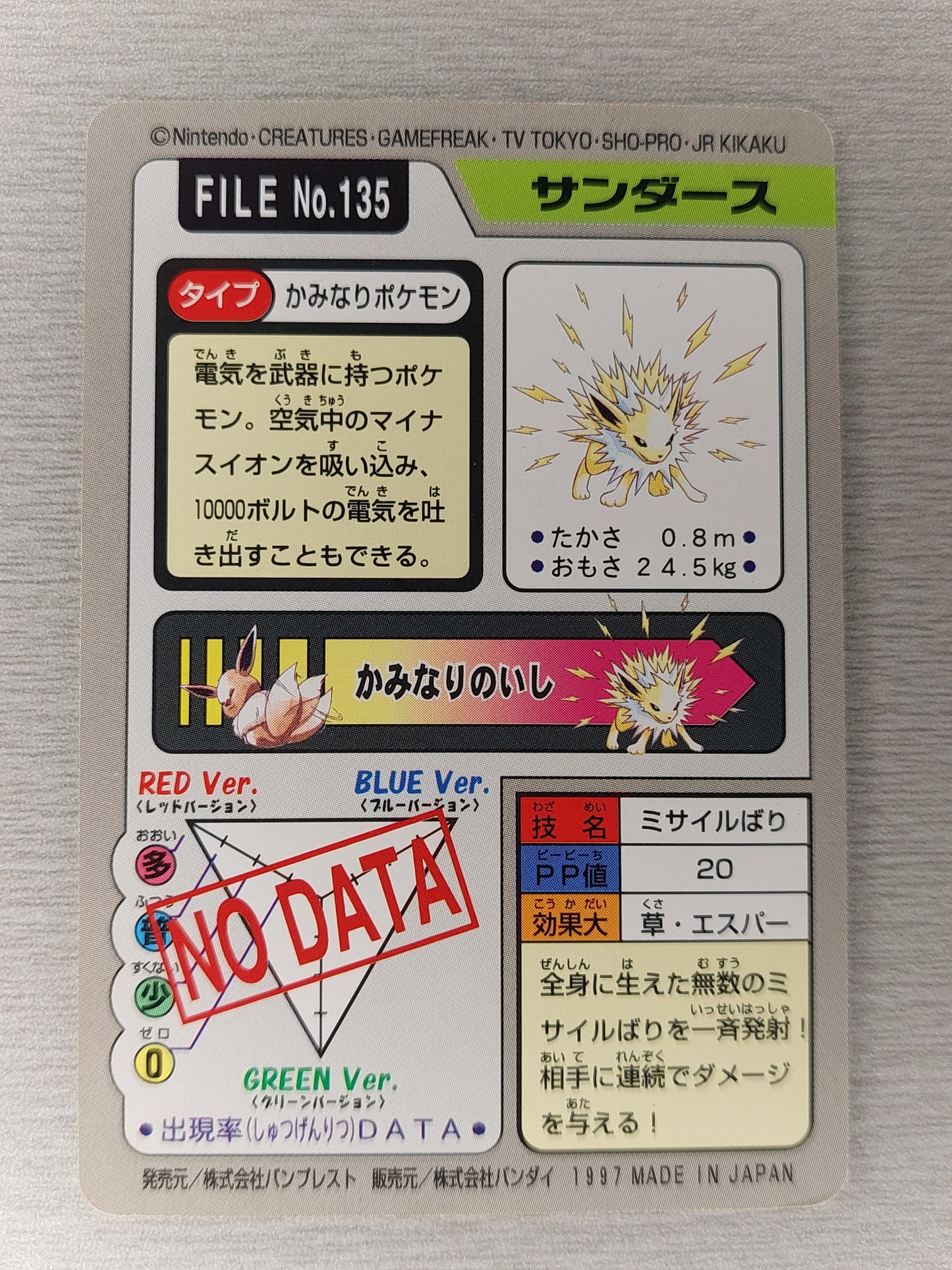 Pokemon 1997 Japanese Jolteon Carddass File No. 135