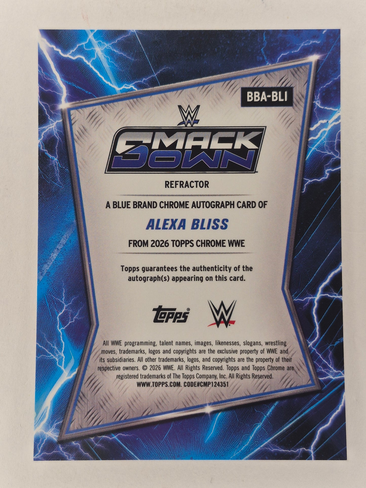 2026 Topps Chrome WWE BBA-BLI Alexa Bliss Blue Brand Refractor ON Card Auto