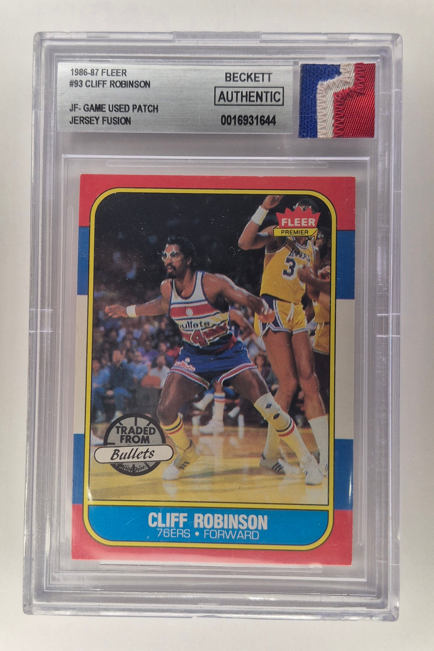 1986-87 Fleer #93 Cliff Robinson Philadelphia 76ers JF Game Used 3 color patch Beckett Authentic
