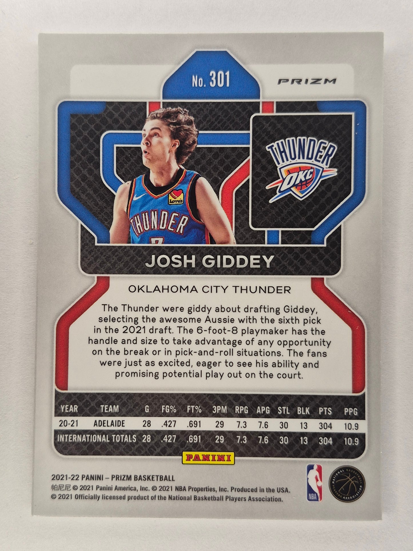 2021-22 Prizm Josh Giddey Cracked Ice Rookie RC Basketball Card #301