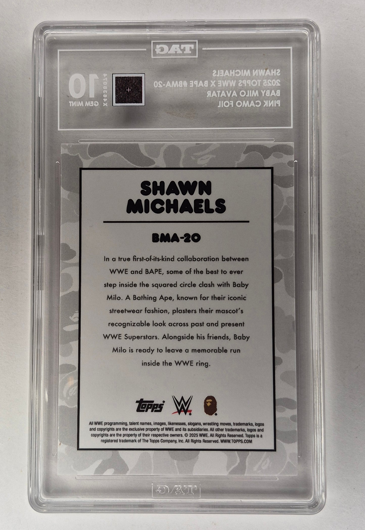 2025 Topps WWE X Bape #BMA-20 Shawn Michaels Pink Baby Milo 25/25 TAG 10