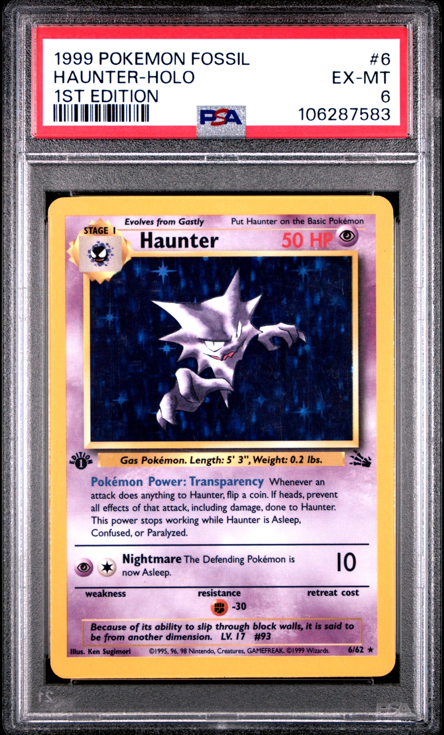 1999 Pokémon Fossil 6/62 Haunter Holo 1st Edition PSA 6