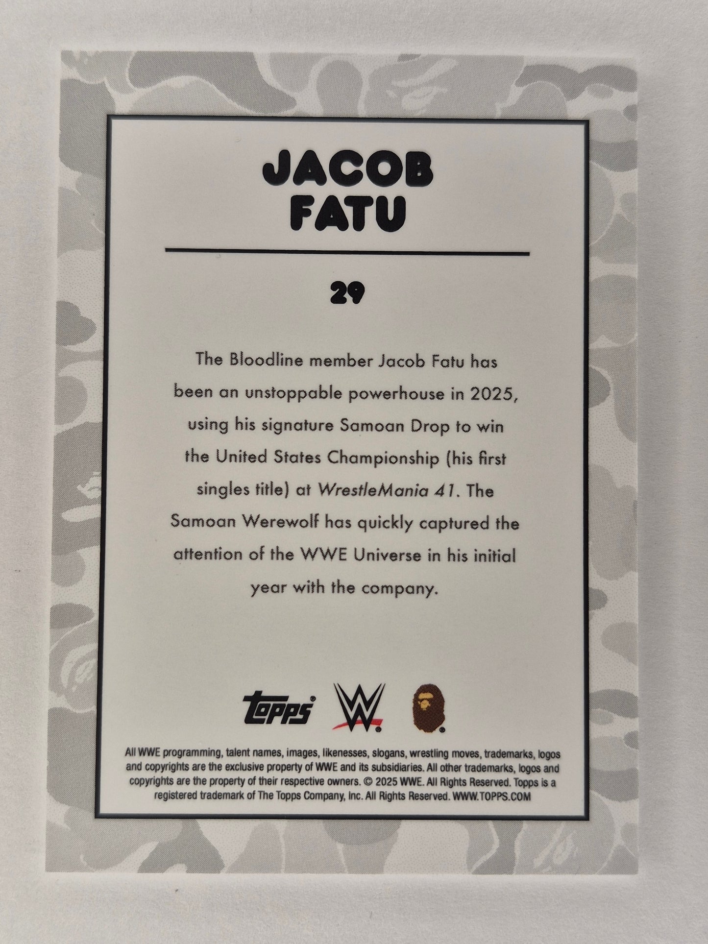 2025 Topps WWE x BAPE #29 Jacob Fatu White Camo NM