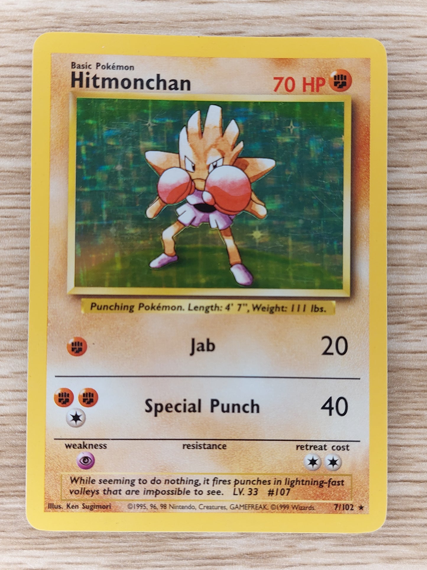 Pokemon 1999 Hitmonchan Base Set Holo Rare 7/102 MP #1