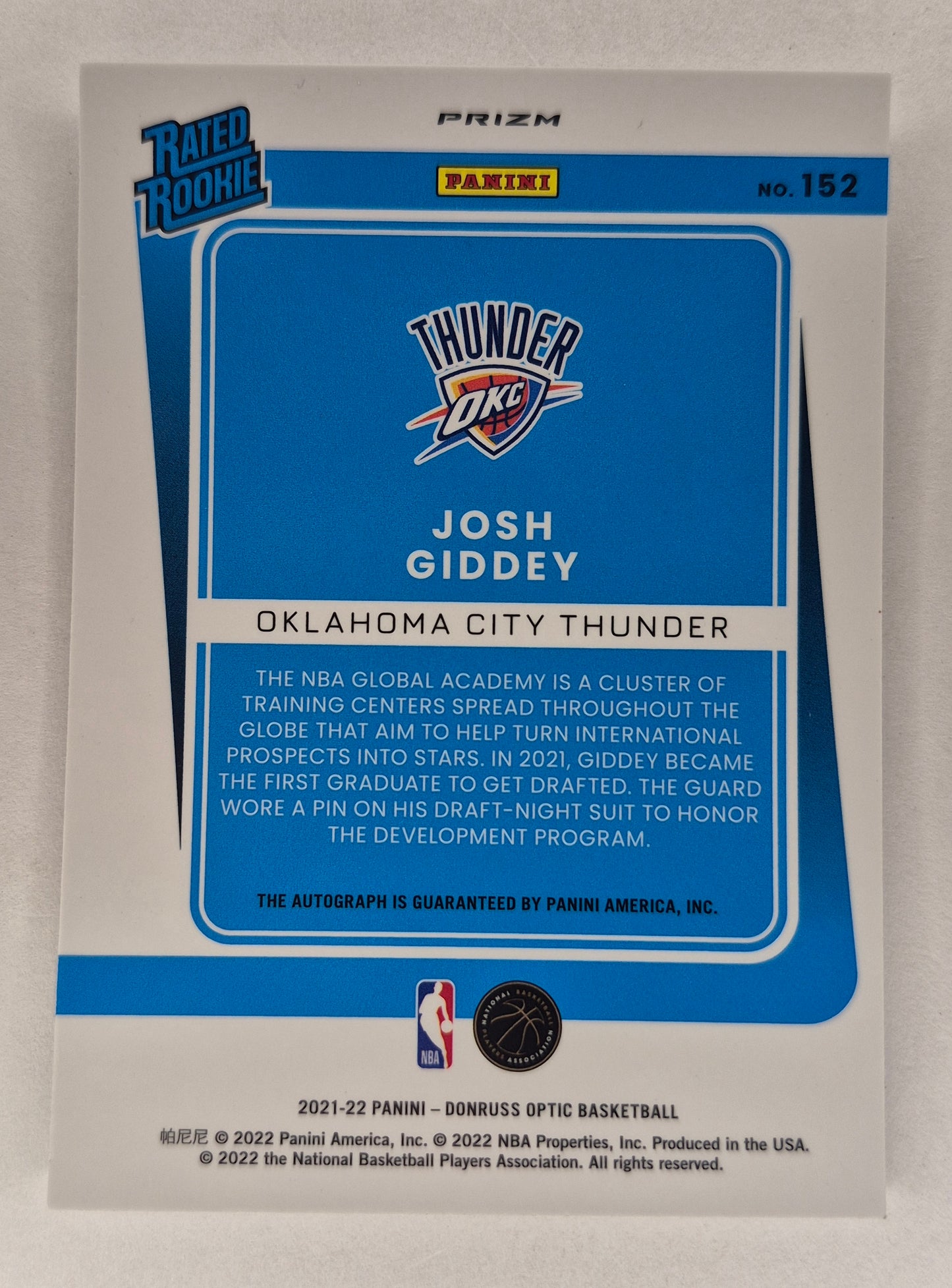 2021/22 Panini Donruss Optic JOSH GIDDEY Rated Rookie Auto Holo Silver Prizm
