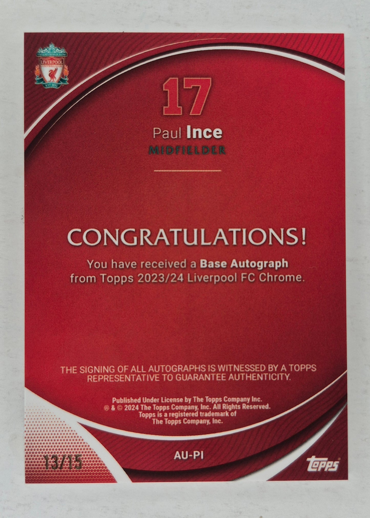 Paul Ince 2023-24 Topps Chrome Liverpool Purple Auto 13/15 SSP