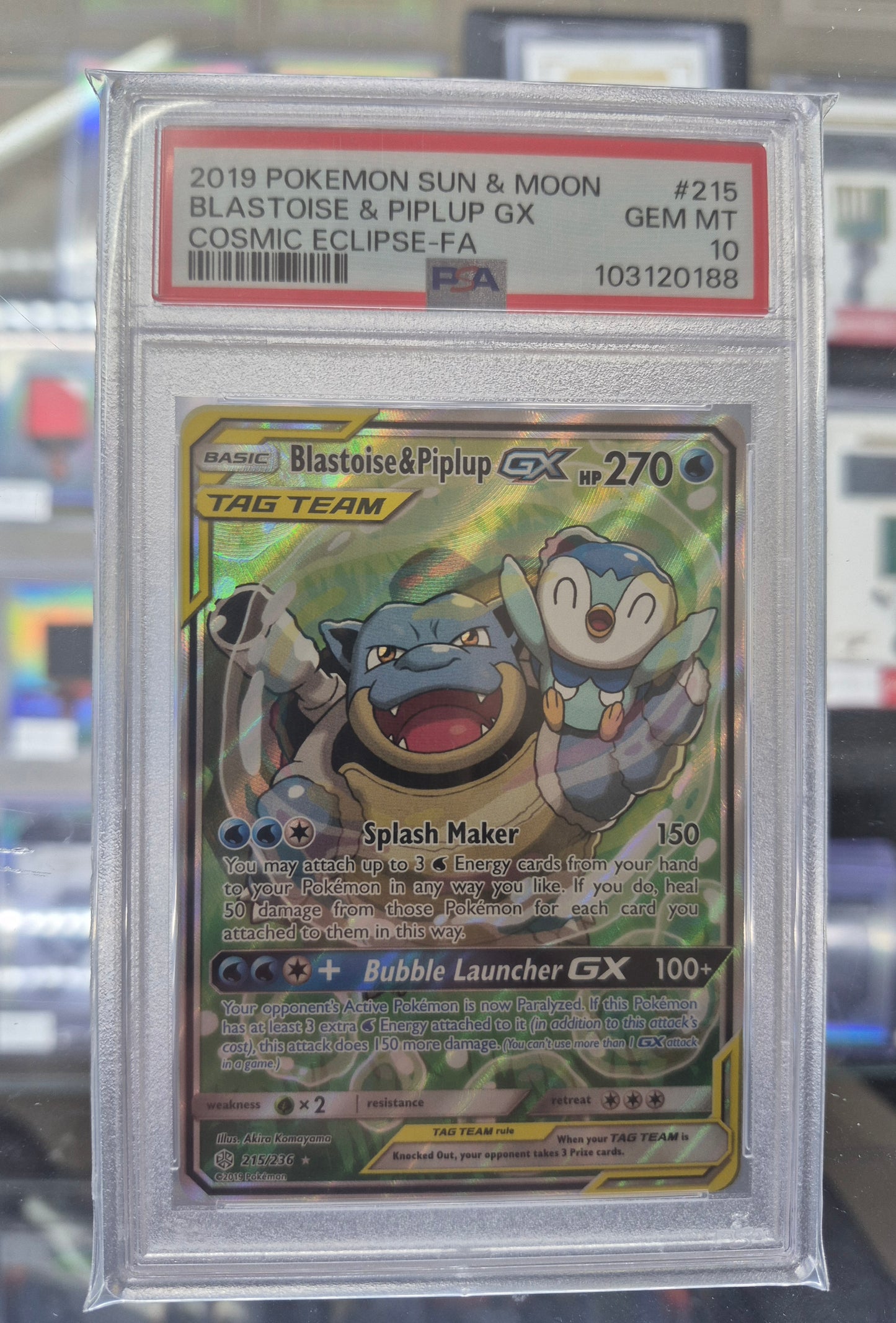 2019 Pokémon S&M Cosmic Eclipse 215/236 Blastoise & Piplup GX Full Art PSA 10