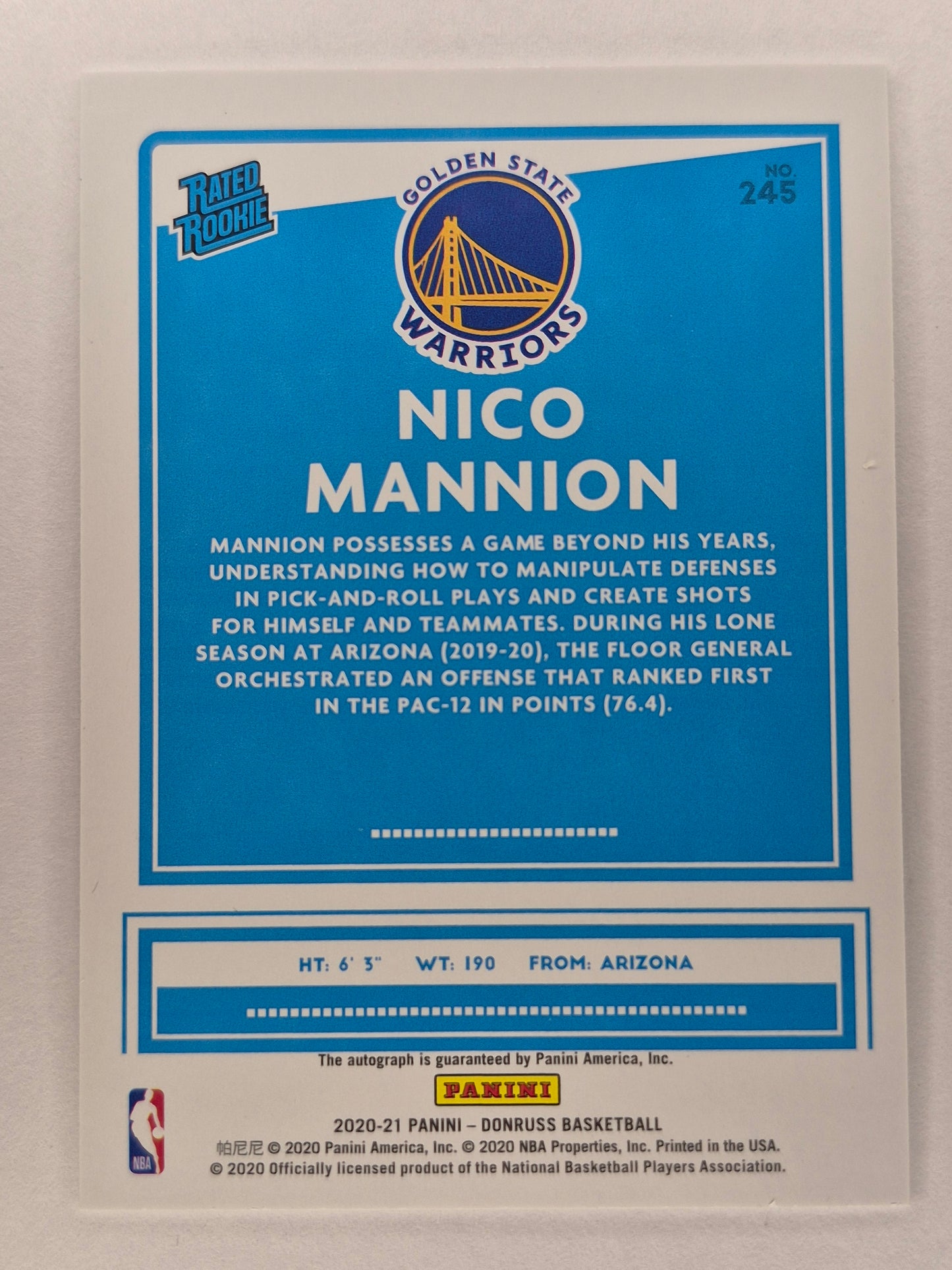 2020-21 Donruss Basketball Nico Mannion Rated Rookie Auto #245