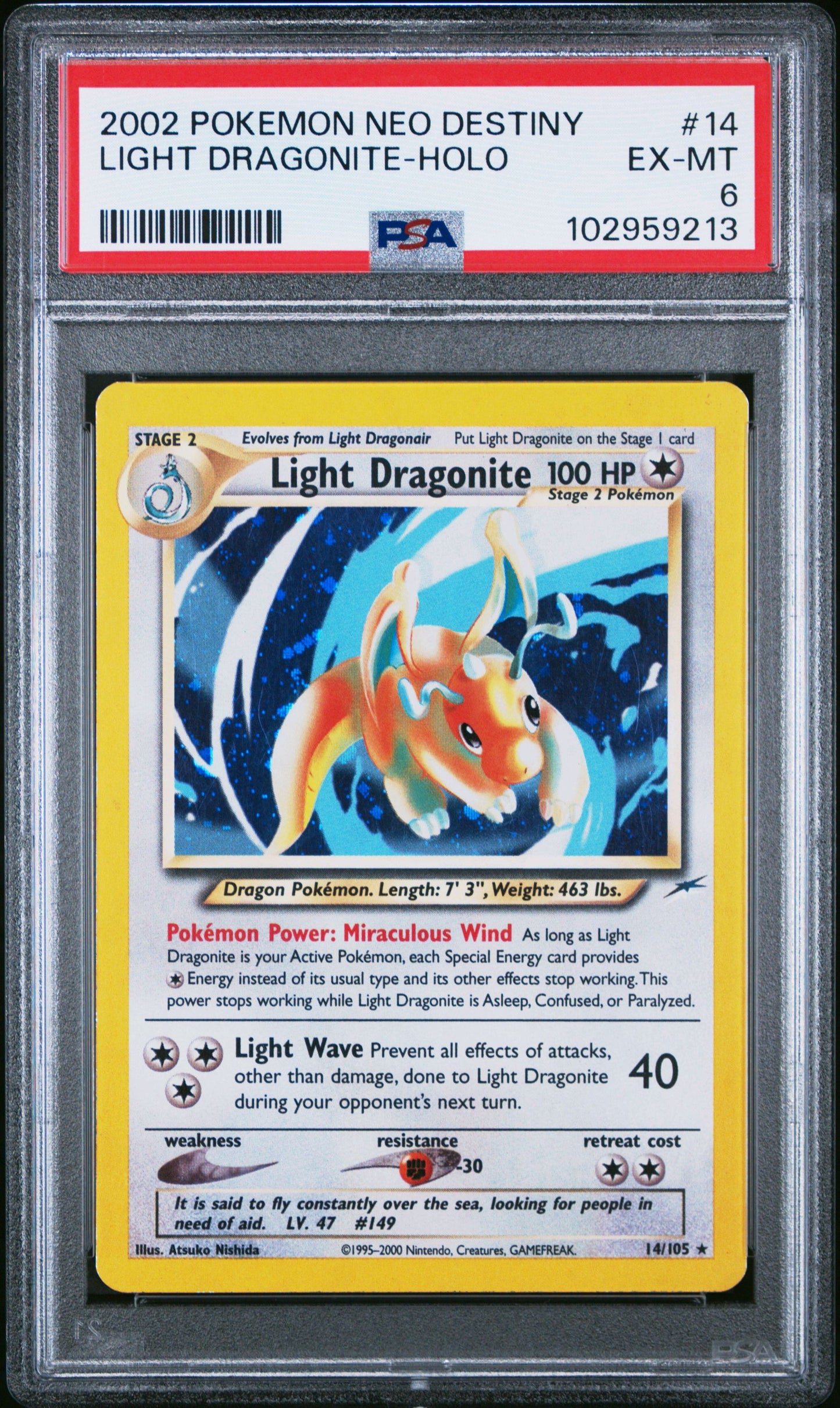 2002 Pokémon Neo Destiny 14/105 Light Dragonite Holo PSA 6