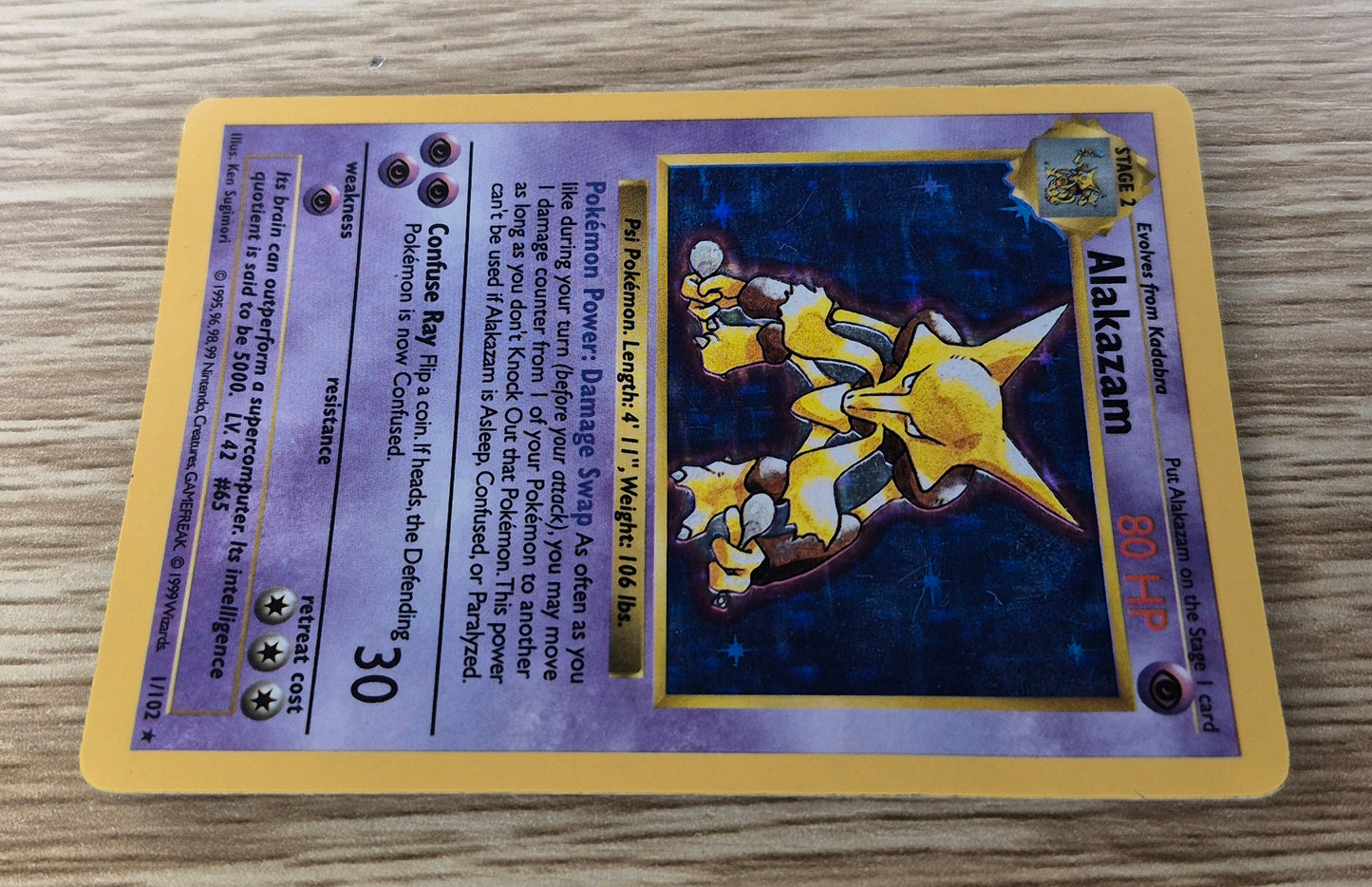 Pokemon 1999 Alakazam Base Set Shadowless Holo Rare 1/102 LP