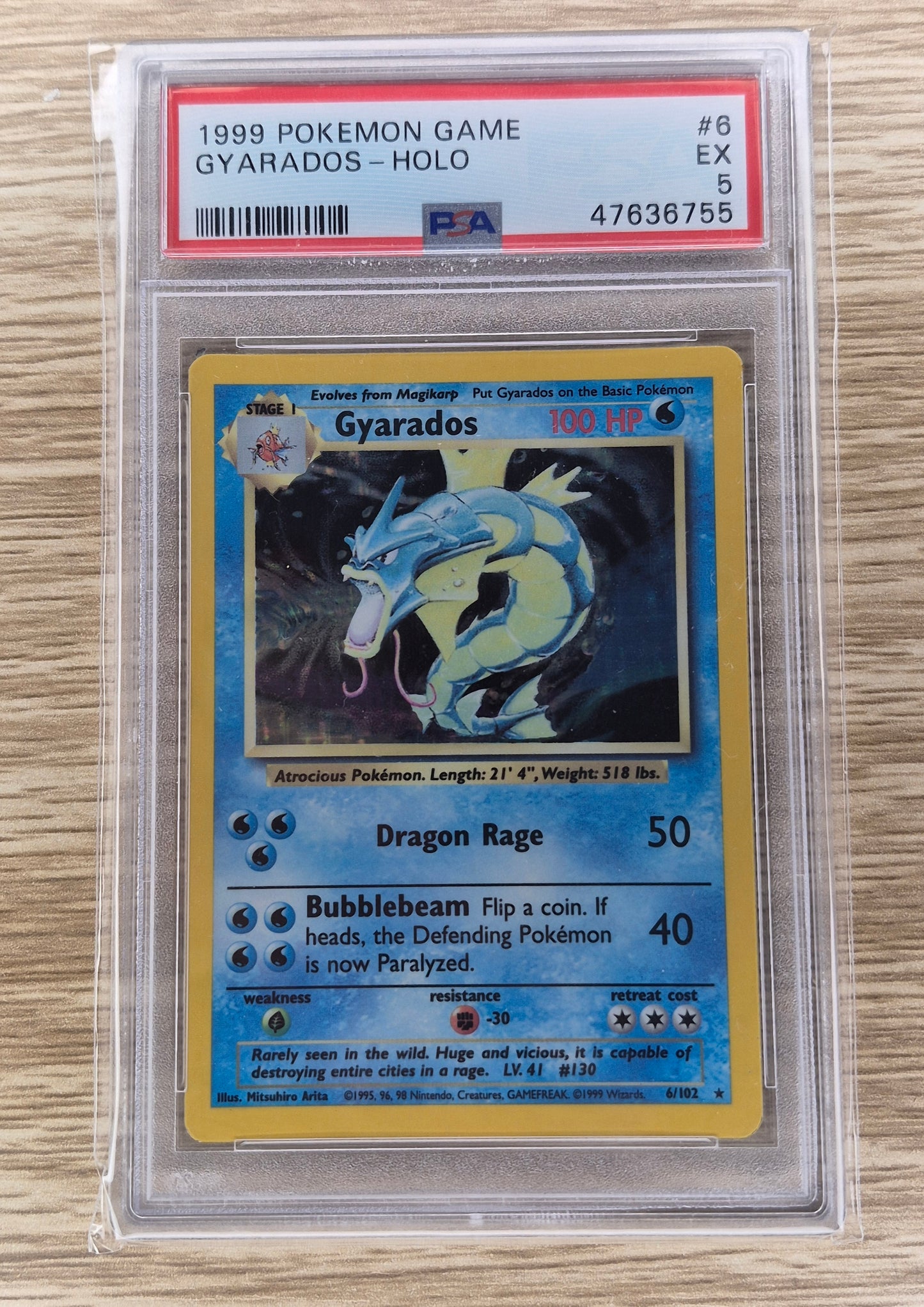 1999 POKEMON TCG GYARADOS BASE SET WOTC #6 6/102 HOLO RARE PSA 5 EX