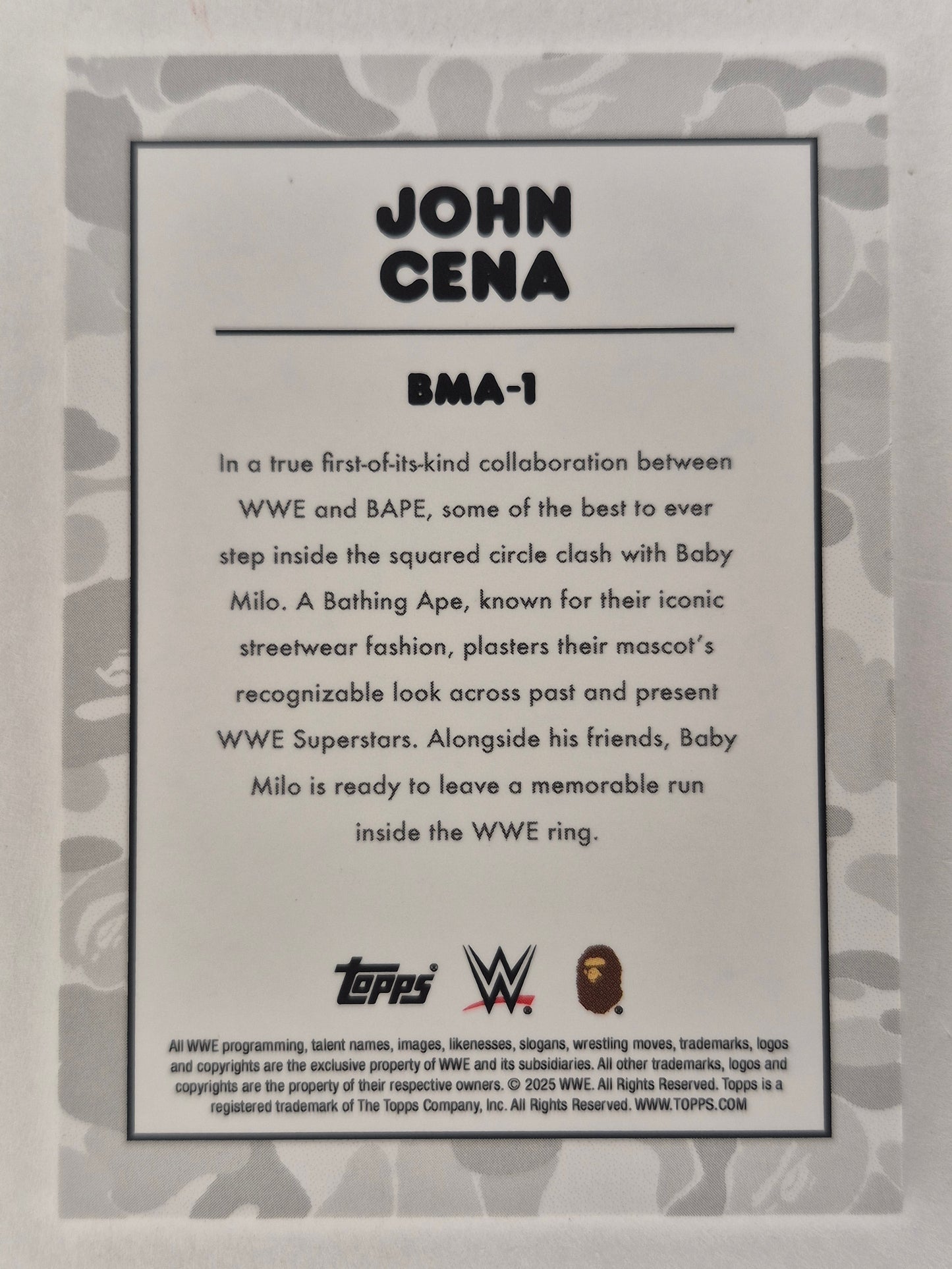 John Cena Baby Milo Base Camo 2025 Topps WWE X BAPE #BMA-1 NM