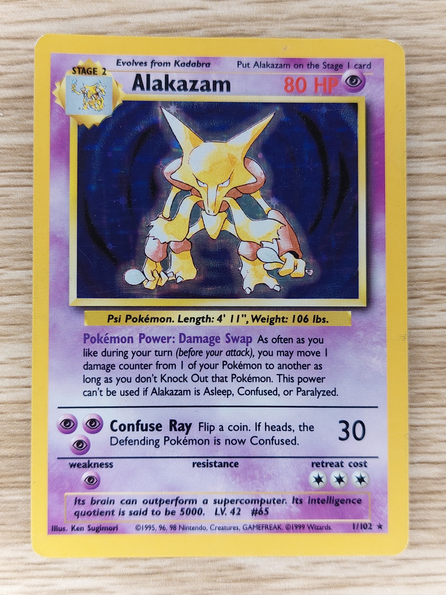 Pokemon 1999 Alakazam Base Set Holo Rare 1/102 MP