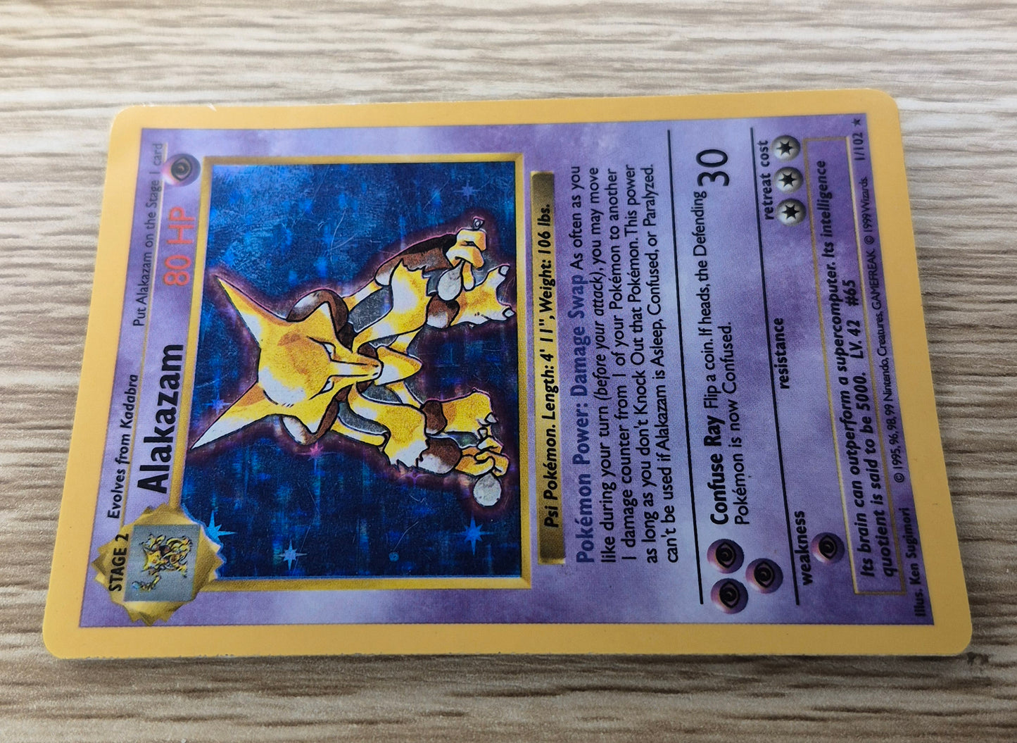 Pokemon 1999 Alakazam Base Set Shadowless Holo Rare 1/102 LP
