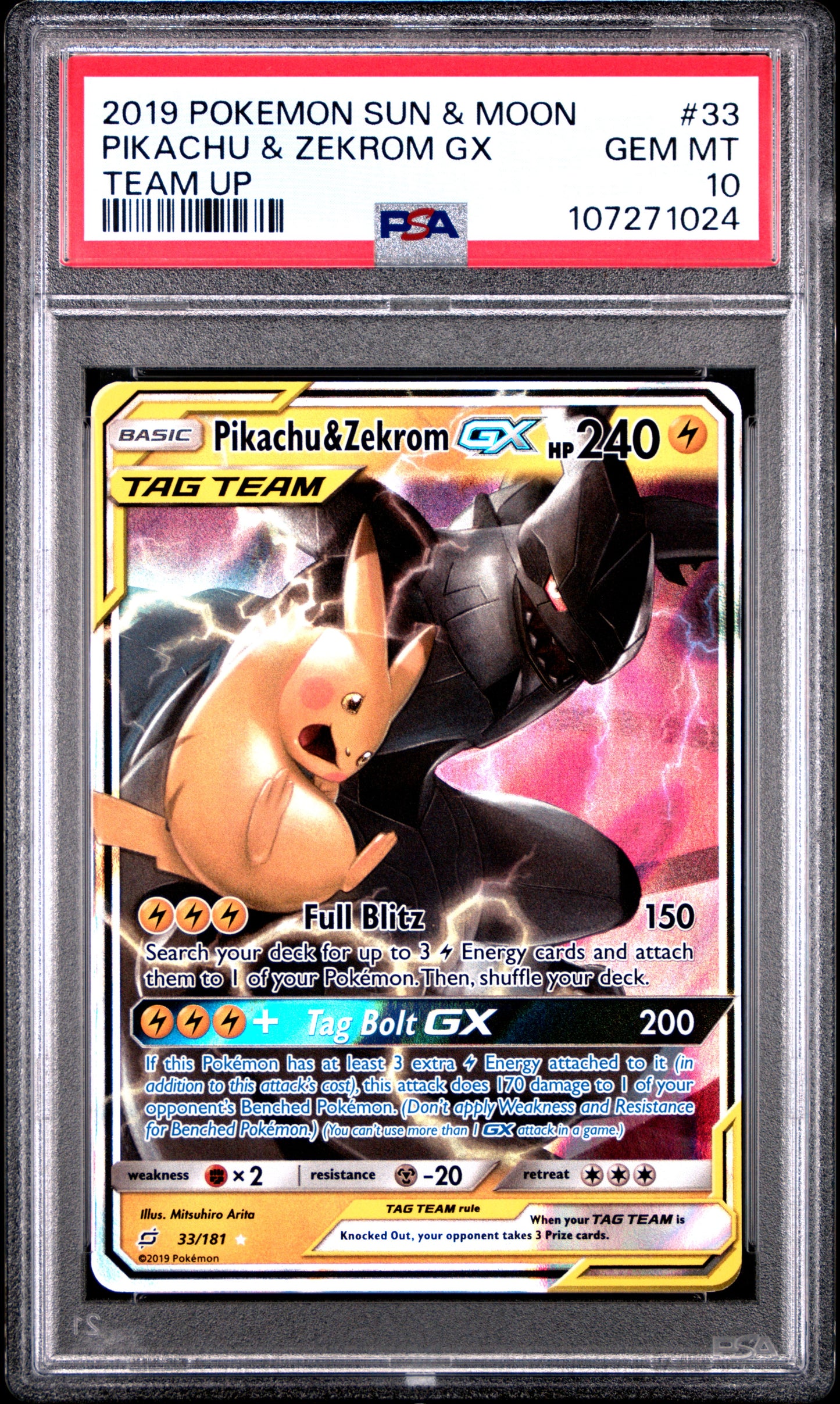 Pokemon 2019 Pikachu & Zekrom GX Team Up Tag Team 33/181 PSA 10