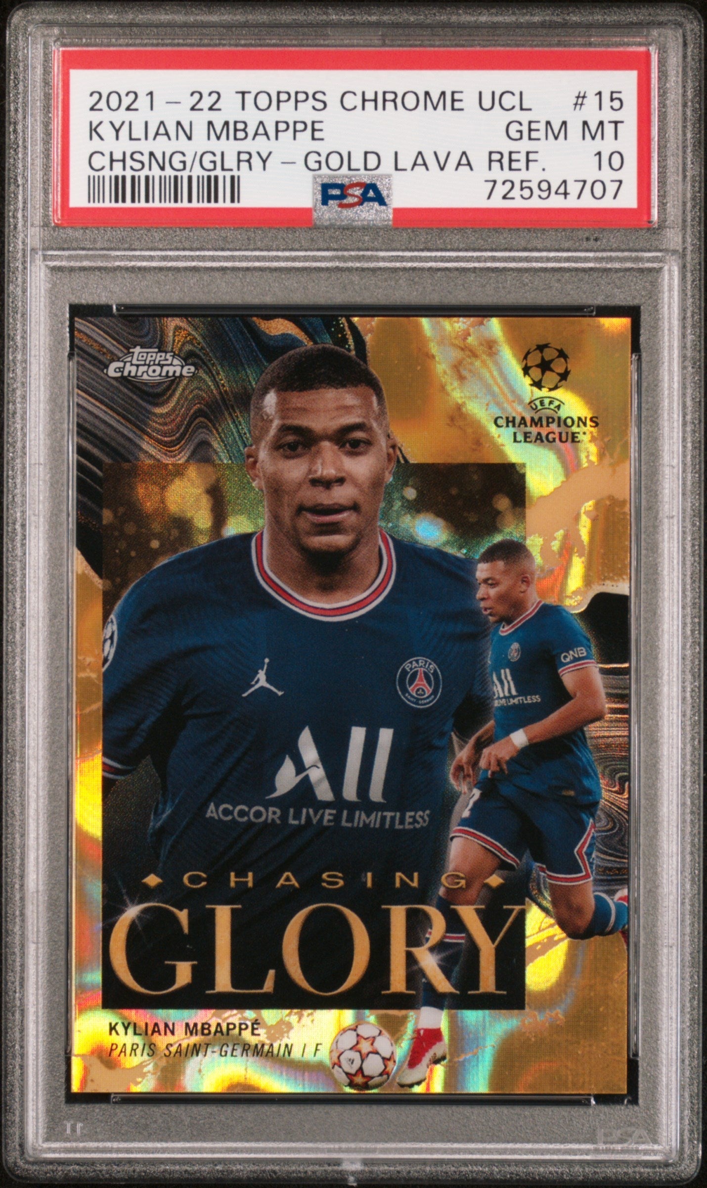 2021-22 TOPPS CHROME UCL KYLIAN MBAPPE CG-15 CHASING GLORY GOLD LAVA PSA 10