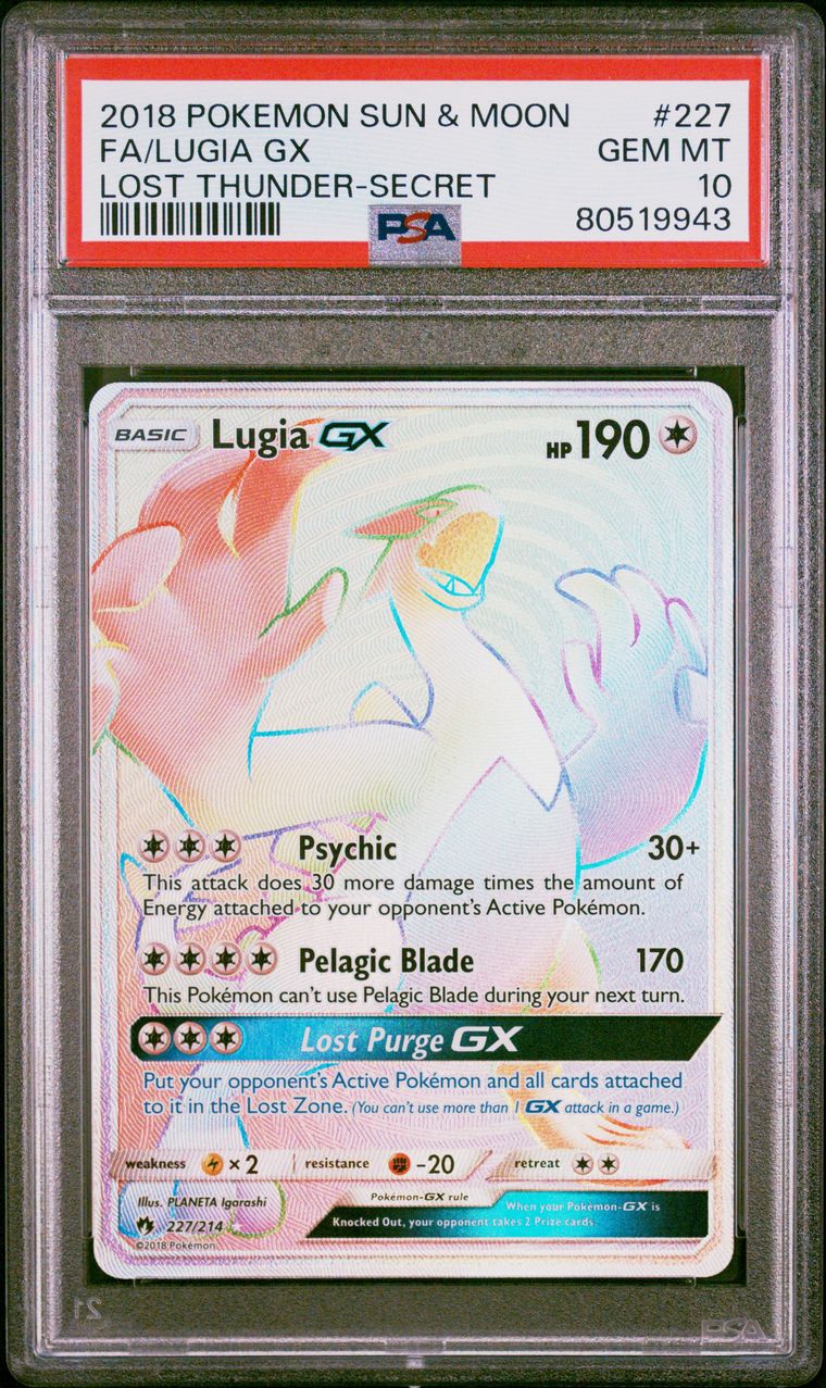 2018 Pokemon TCG Sun & Moon Lost Thunder 227/214 Lugia GX Full Art Rainbow Secret PSA 10