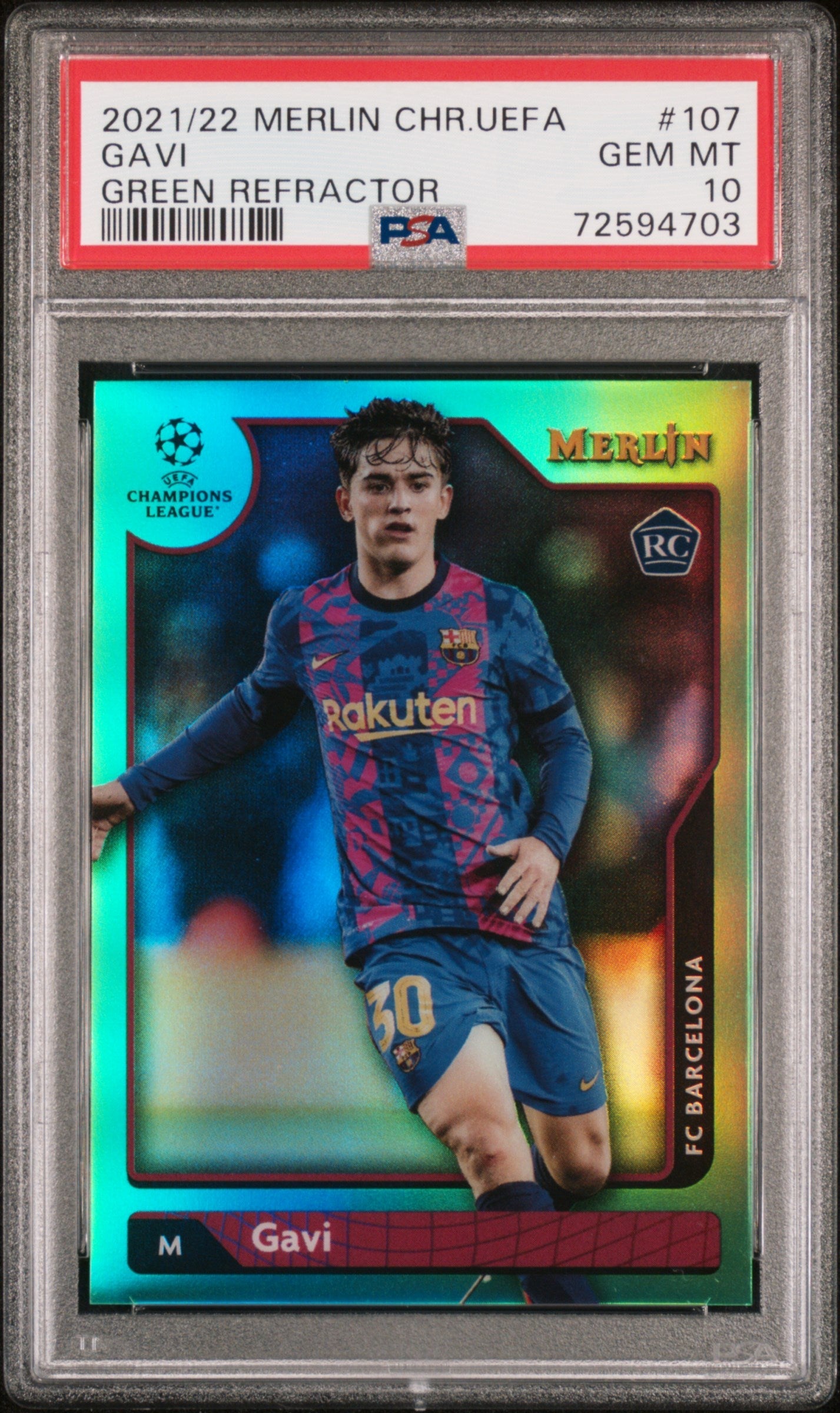 GAVI RC ROOKIE 2021-22 Merlin Chrome UEFA GREEN REFRACTOR /99 Barcelona SPAIN PSA 10