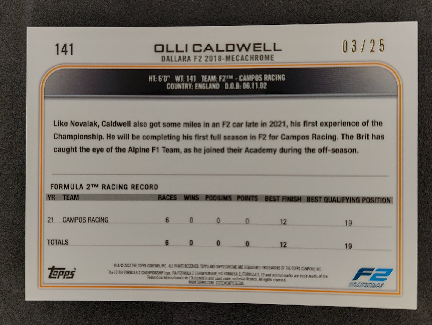 2023 TOPPS F1 Sapphire #141 Olli Caldwell F2 Orange  03/25