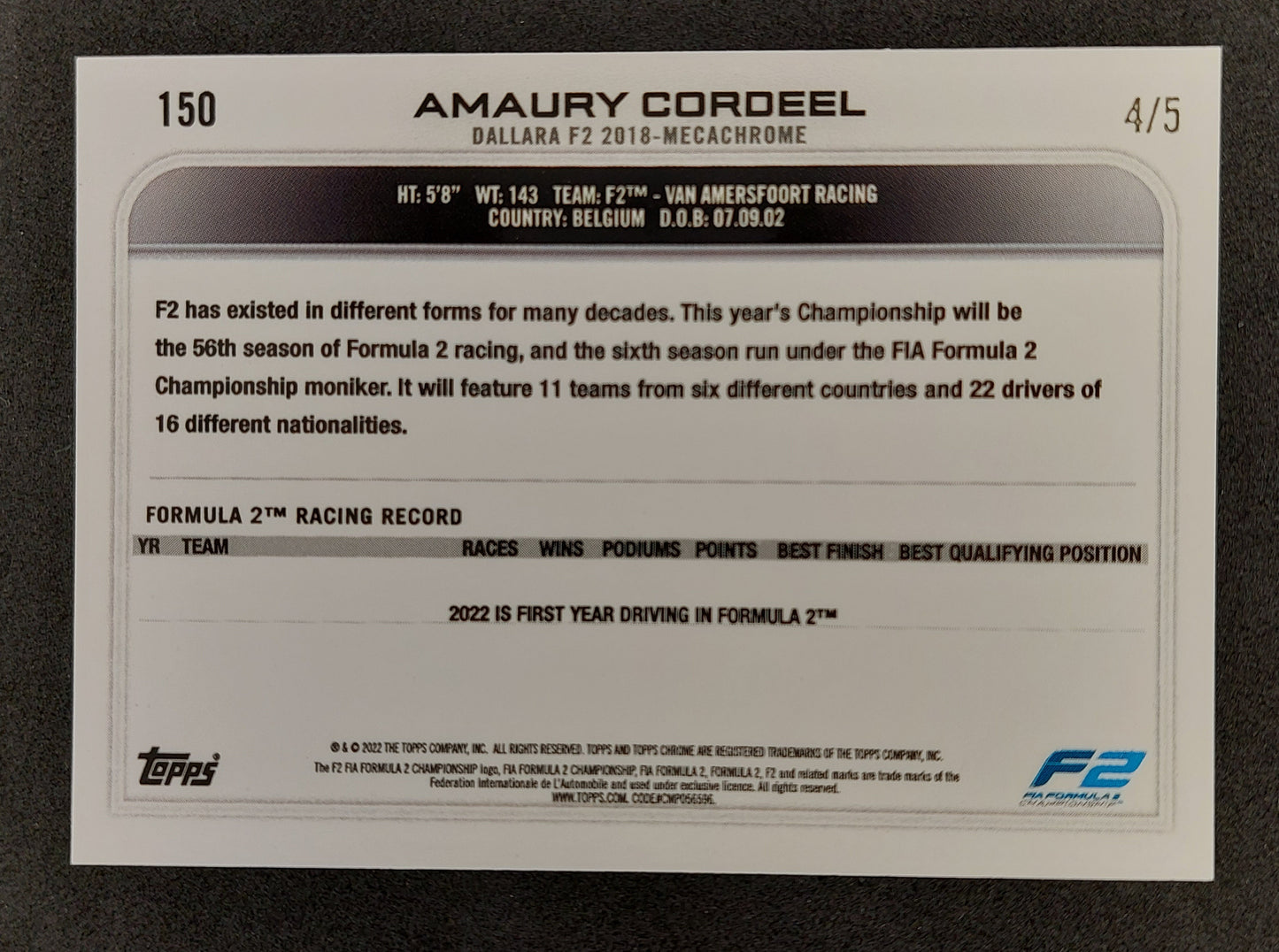 Amaury Cordeel 2022 Topps Chrome Formula One #150 Red Refractor 4/5