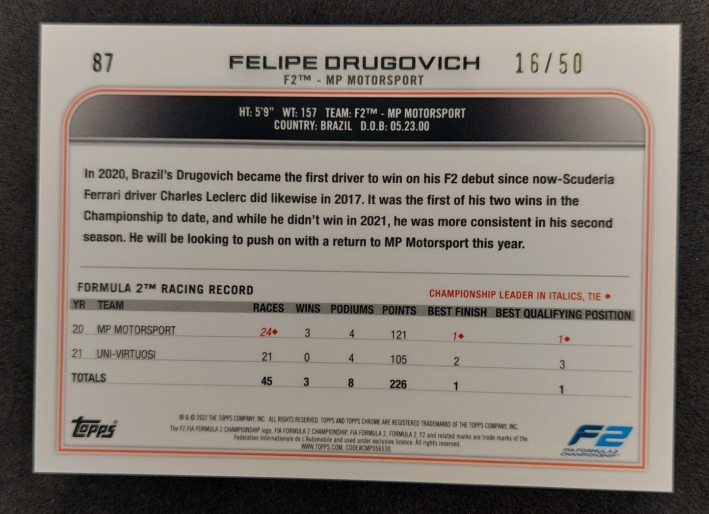 2022 Topps Chrome Formula 1 Sapphire #87 Gold Refractor Felipe Drugovich 16/50  F2