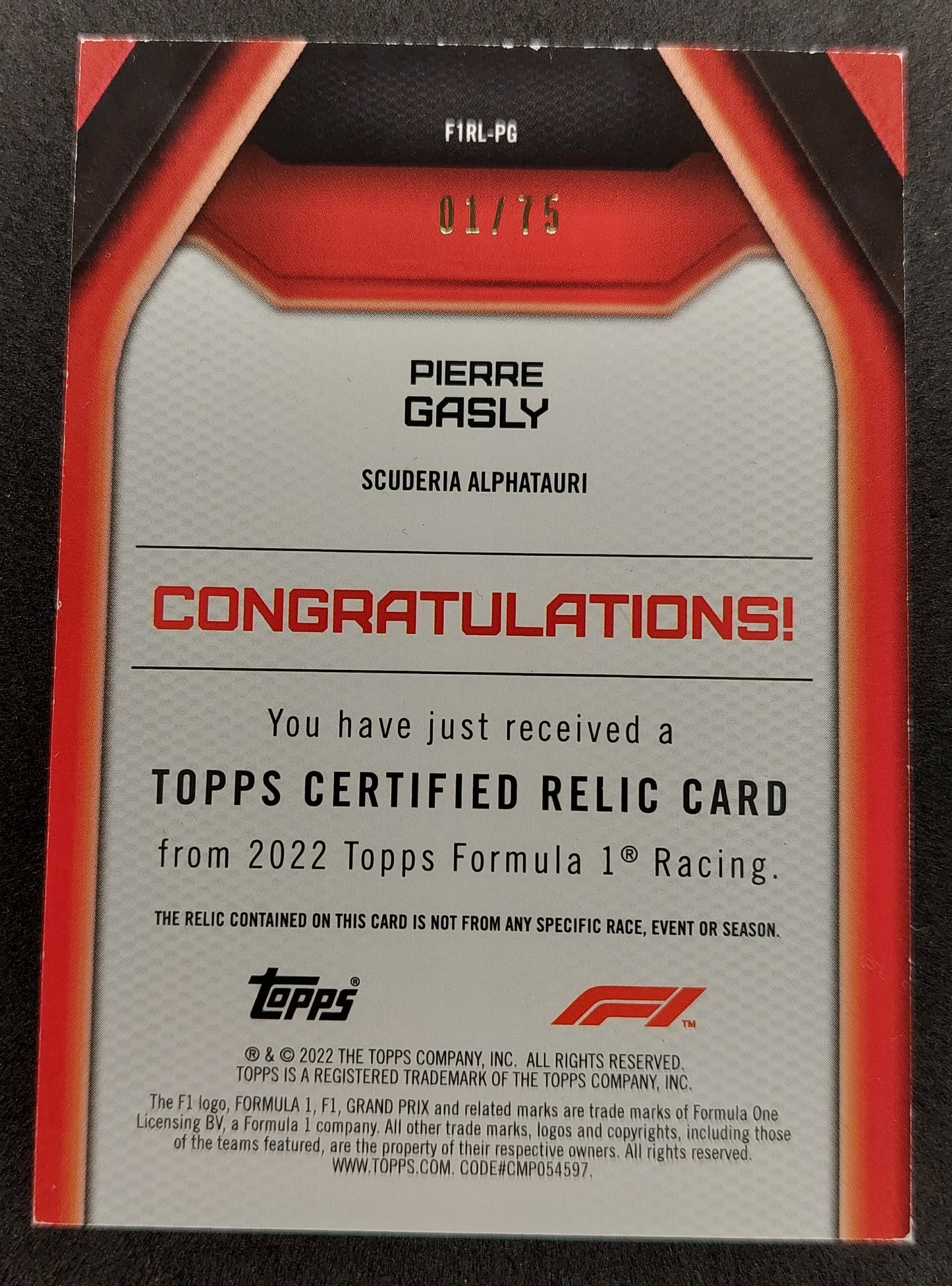 2022 Topps  Formula 1 Flagship  - Pierre Gasly - Relic #F1RL-PG Green 01/75