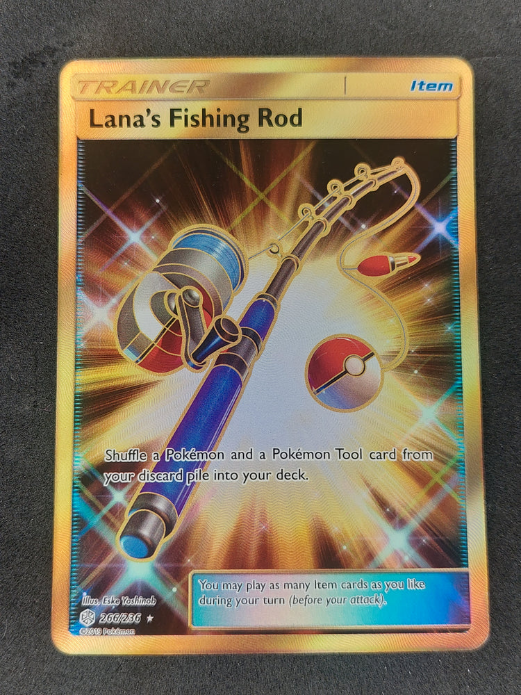 2019 Pokemon S & M Cosmic Eclipse 266/236 Trainer Lana's Fishing Rod Gold Secret Rare