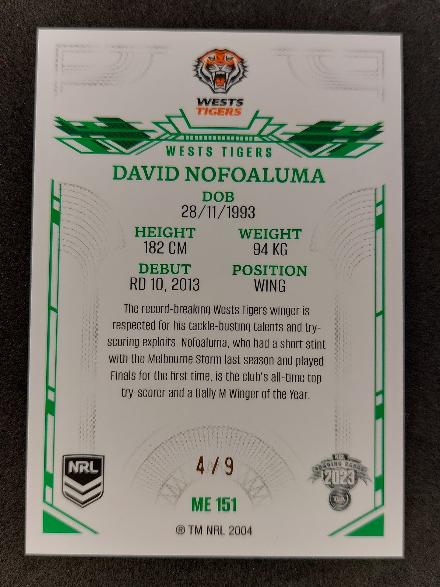 2023 NRL ELITE ME 151 David Nofoaluma Mojo Emerald 4/9