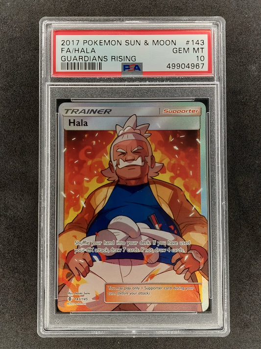 2017 Pokemon Sun & Moon Guardians Rising 143/145 Trainer Hala Full Art PSA 10