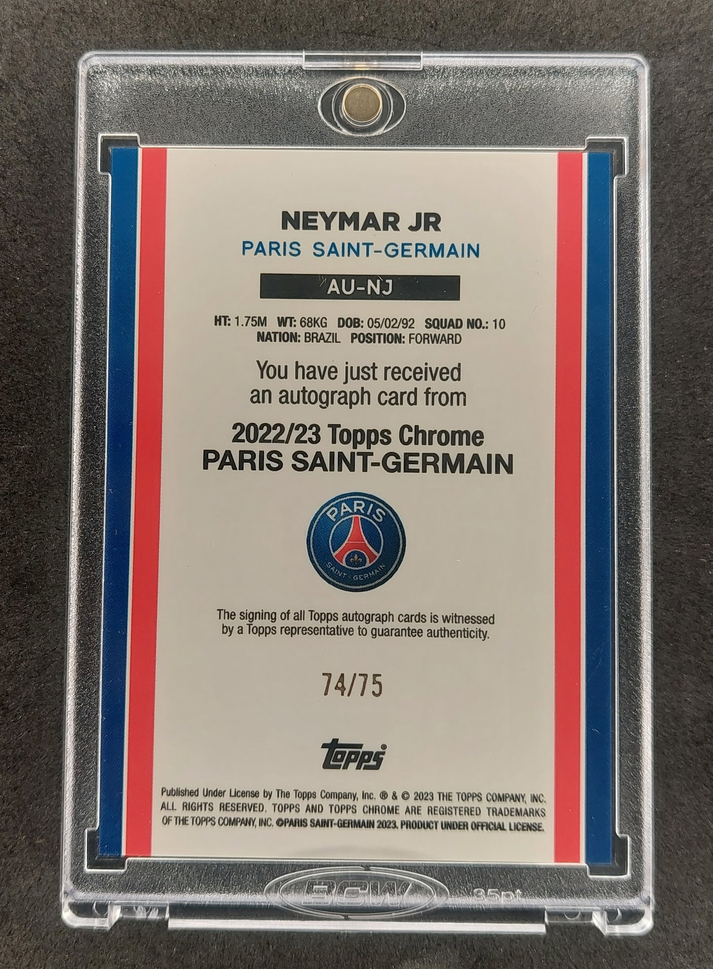 2022-23 Topps Chrome PSG Neymar Jr. Refractor ON Card Auto 74/75