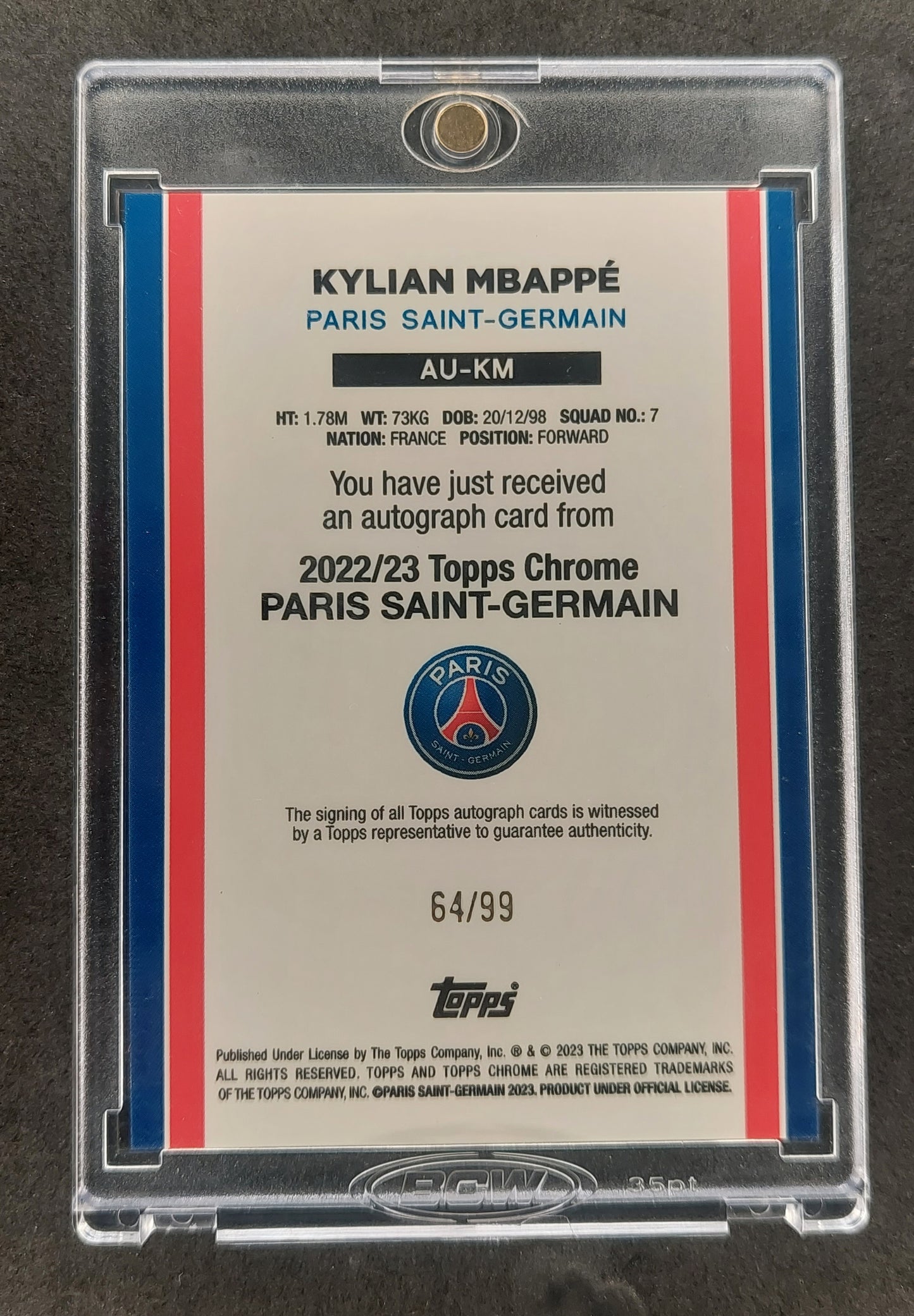 2022-23 Topps Chrome PSG Kylian Mbappe Refractor ON Card Auto 64/99