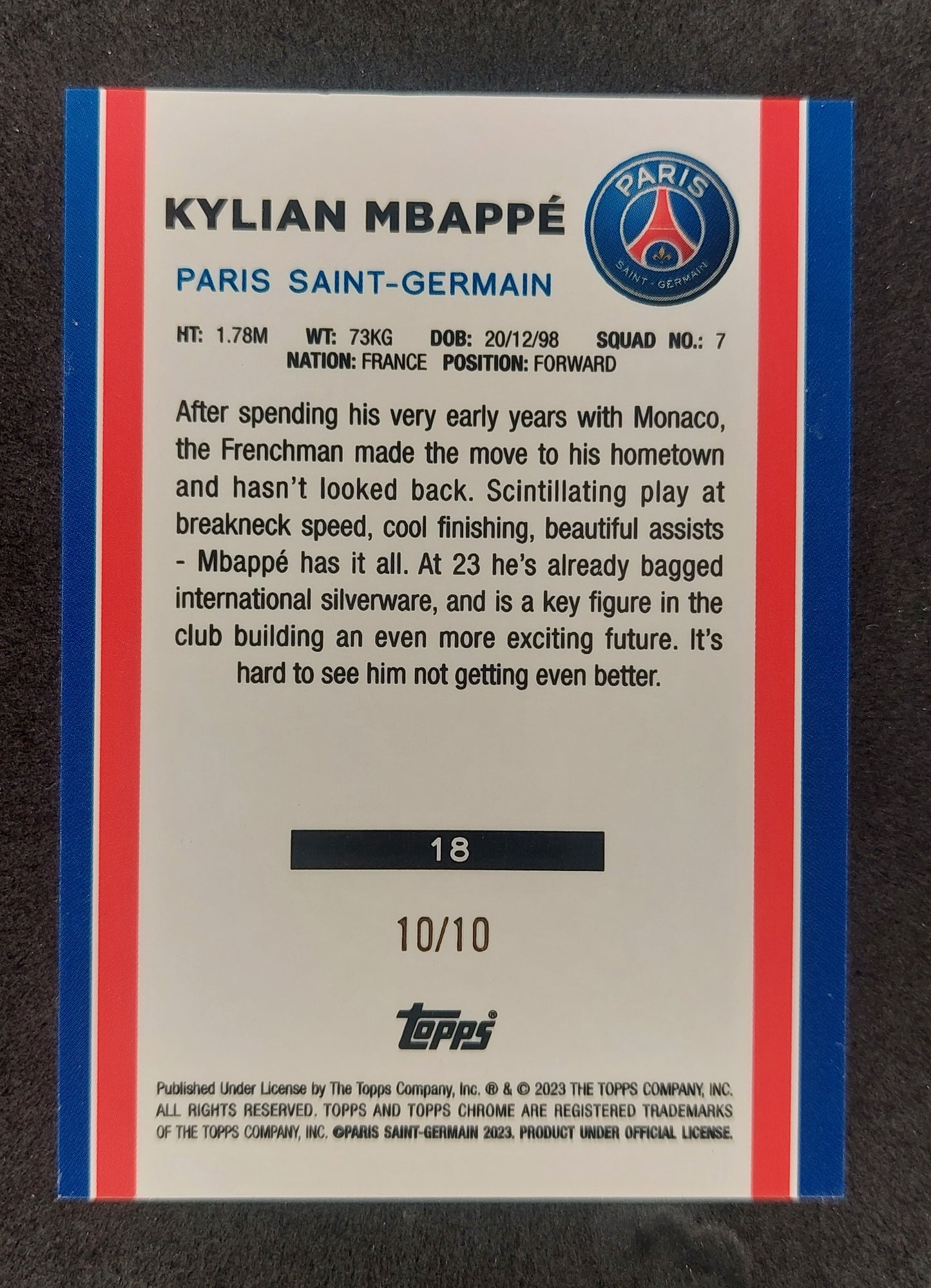 2022-23 Topps Chrome PSG Kylian Mbappe SSP Gold Refractor 10/10