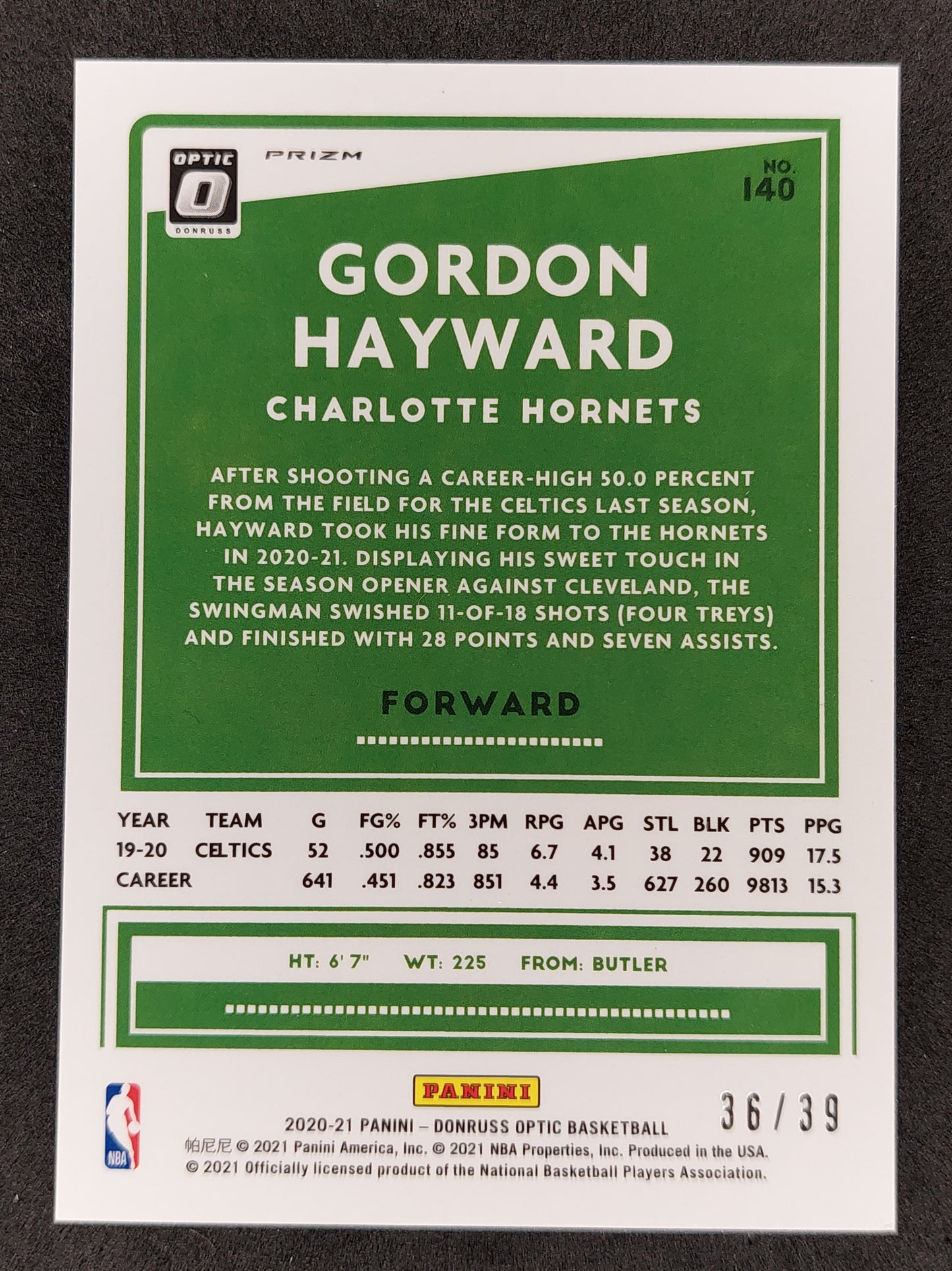 2020-21 Donruss Optic Black Velocity #140 Gordon Hayward 36/39