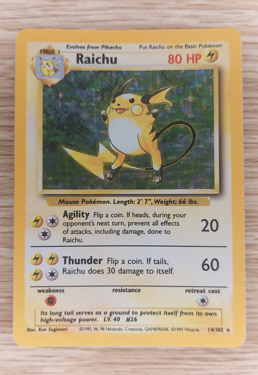 Raichu 14/102 -  Base Set Unlimited - WOTC Holo Rare Pokemon Card MP