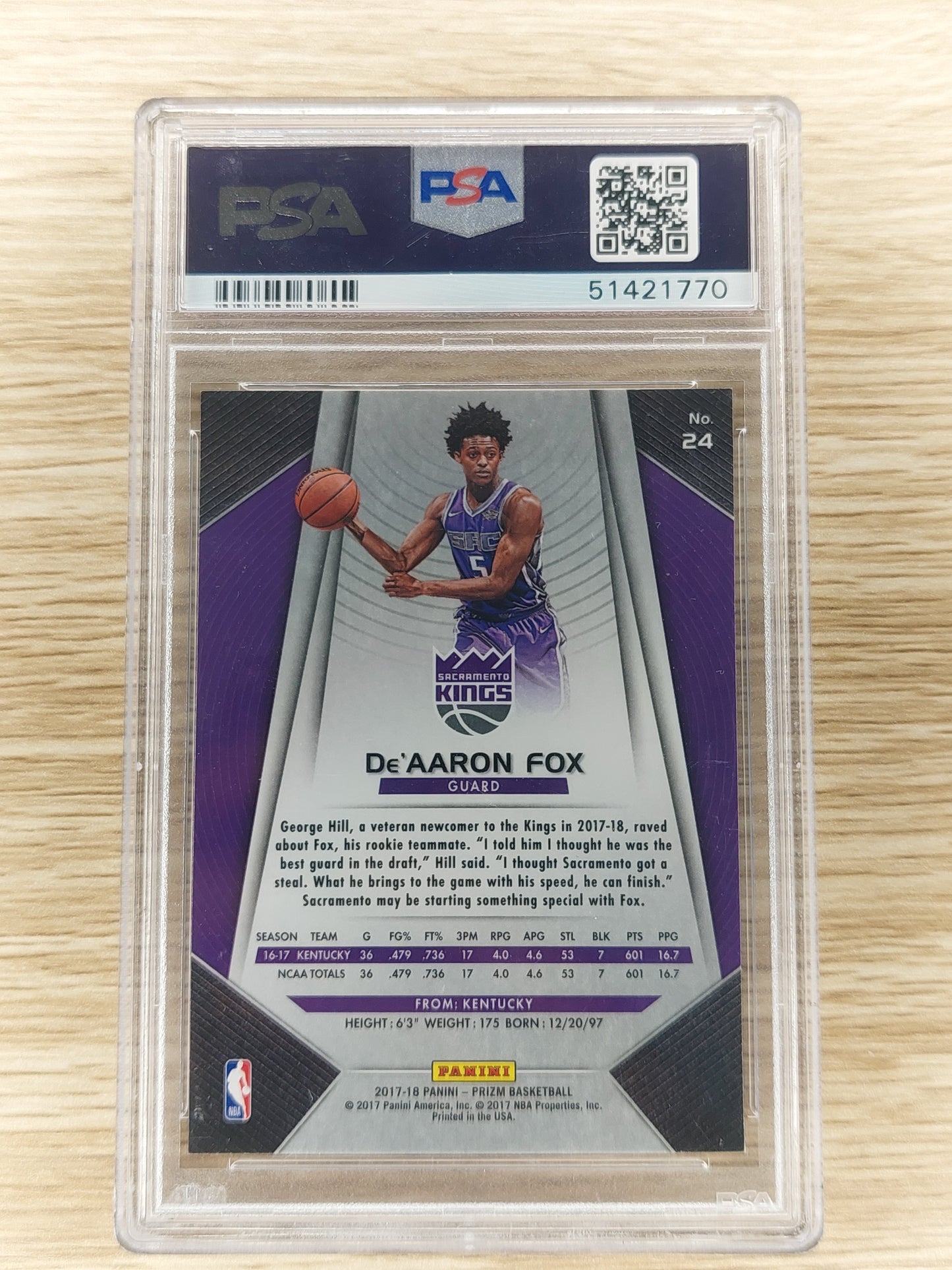 De'Aaron Fox 2017 Panini Prizm Rookie Card RC #24 PSA 9 MINT Sacramento Kings