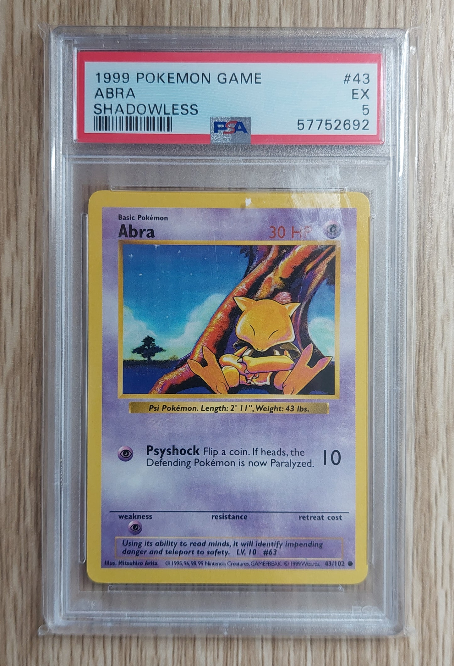 1999 Pokemon Base Set Shadowless 43/102 Abra Non Holo PSA 5