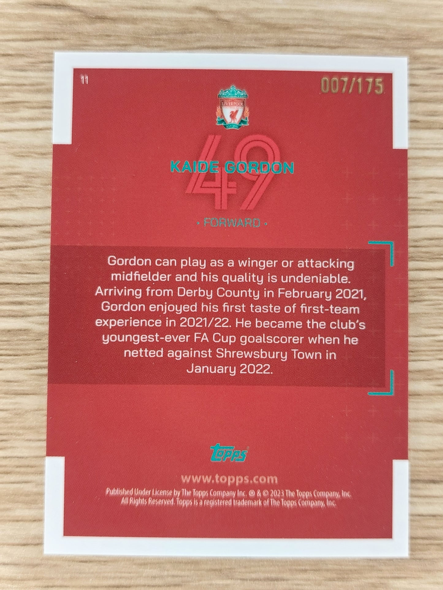 2023 Topps Liverpool Team Set Kaide Gordon Insert 007/175