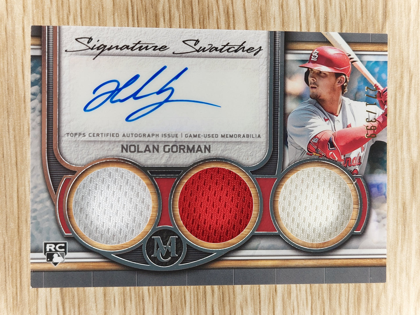 2023 Topps Museum Collection Baseball Signature Swatches Triple Relic Auto SWTRA-NG Nolan Gorman